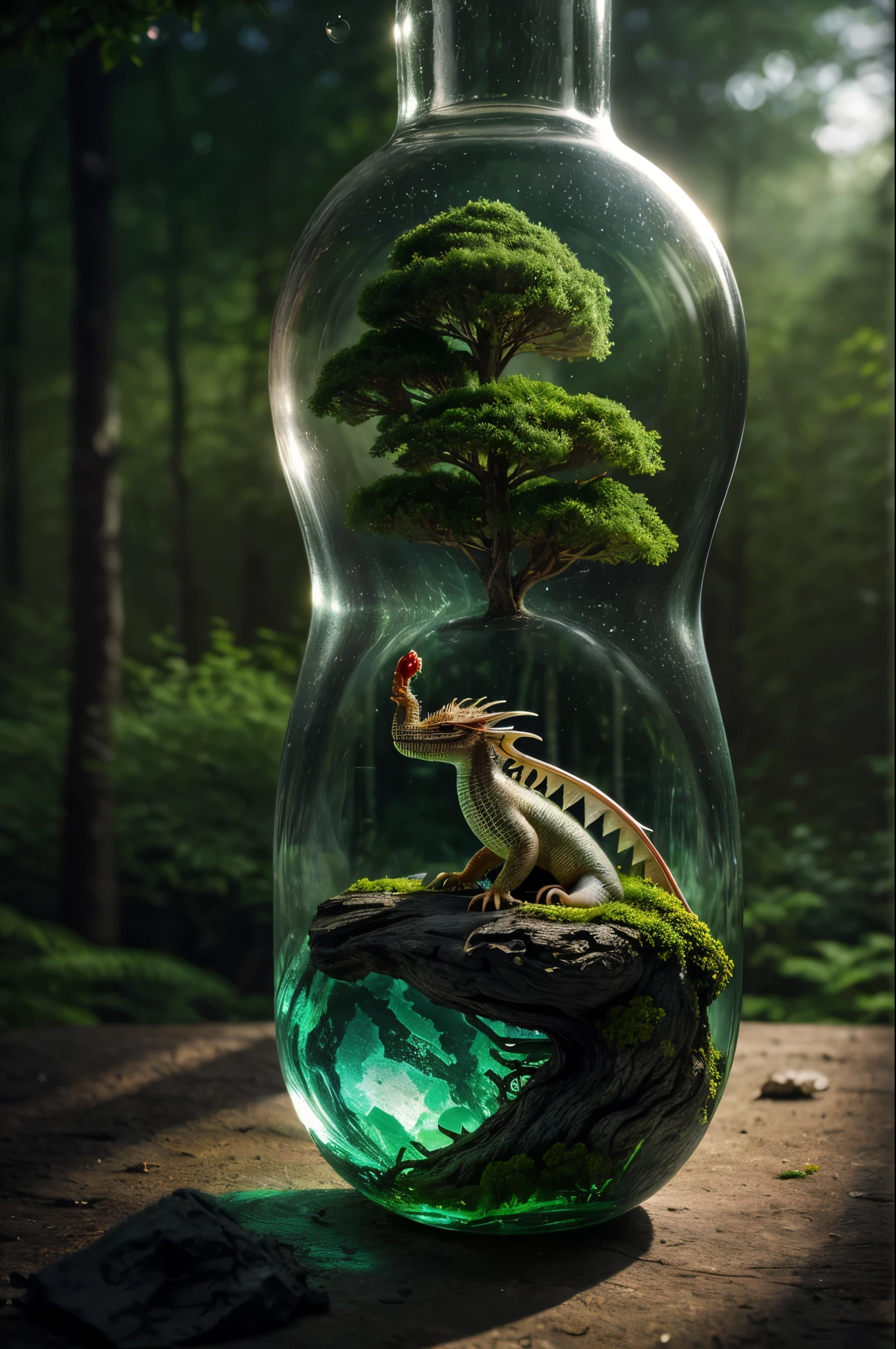 (An intricate forest mini-landscape of a minidragon trapped in a bottle), atmospheric oliva lighting, on the table, 4k UHD, dark vibes, hyper detailed, vibrant colours forest background, epic composition, octane render, sharp focus, high resolution isometric, bubblerealm