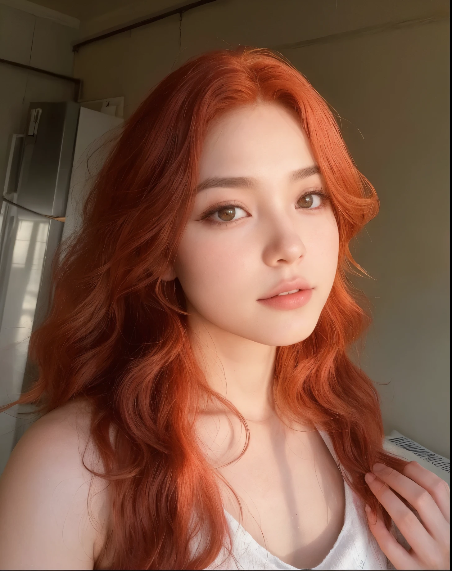 tem uma mulher com cabelo ruivo e blusa branca, flowing red hair, red hair and attractive features, pele laranja e cabelos longos e ardentes, com cabelo ruivo cacheado, cabelo ondulado ruivo, amoranto, cabelo laranja longo e ondulado, cabelo ruivo longo e brilhante, cabelo ruivo ondulado e vibrante, cabelo ruivo grande e ondulado, cabelo ruivo ardente muito longo e ondulado, cabelo tingido de vermelho