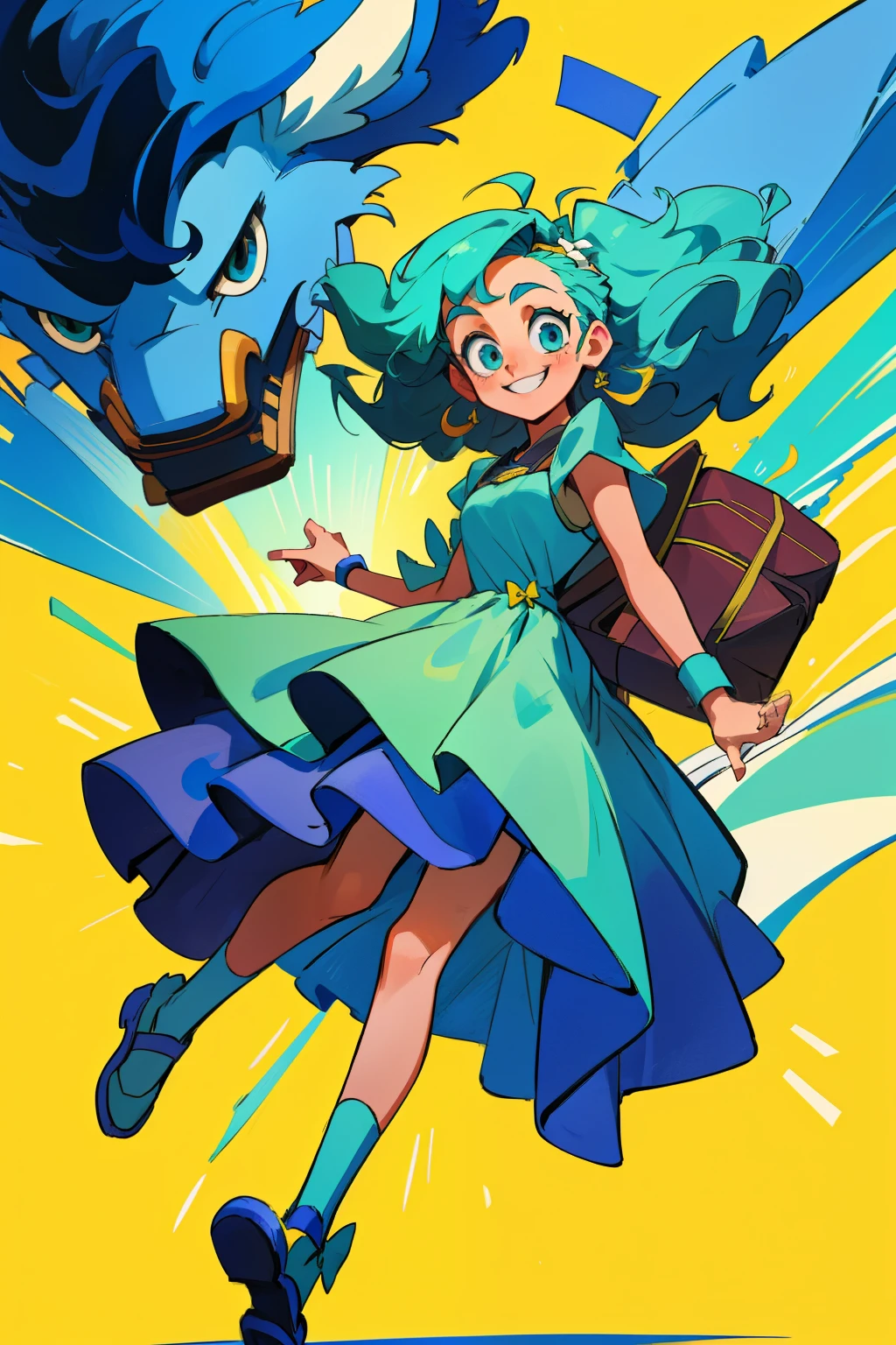 Mascot of a cartoon-style ager, with a playful bow adorned in her long, wavy hair, dons a vibrant green and blue dress that dances with every move she makes. A black bag slung over her shoulder holds her essentials as she confidently strides forward. By her side walks a young man, his smile beaming with pride as he recently graduated from a prestigious design school, eager to bring her design ideas to life.
This scene is called "Inspiration Unleashed: The Young Designer and Her Cartoon Mascot."
(Masterpiece, high definition, 4K, Best Quality)
The teenmascot's