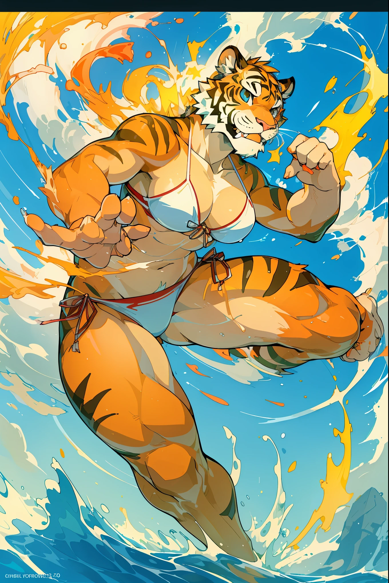 (​masterpiece, top-quality, Official art:1.2)Look at viewericro bikini, tiger and girl, Tiger painting}A flash of light runs, Colorful water levitation(2D:1.5),