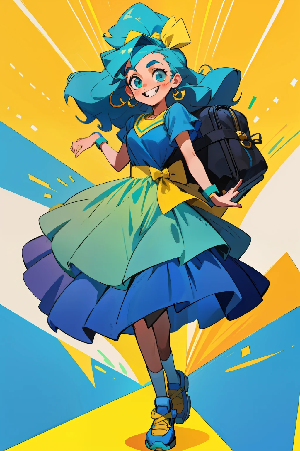 Mascot of a cartoon-style teenager, with a playful bow adorned in her long, wavy hair, dons a vibrant green and blue dress that dances with every move she makes. A black bag slung over her shoulder holds her essentials as she confidently strides forward. By her side walks a young man, his smile beaming with pride as he recently graduated from a prestigious design school, eager to bring her design ideas to life.
This scene is called "Inspiration Unleashed: The Young Designer and Her Cartoon Mascot."
(Masterpiece, high definition, 4K, Best Quality)
The teenage mascot's