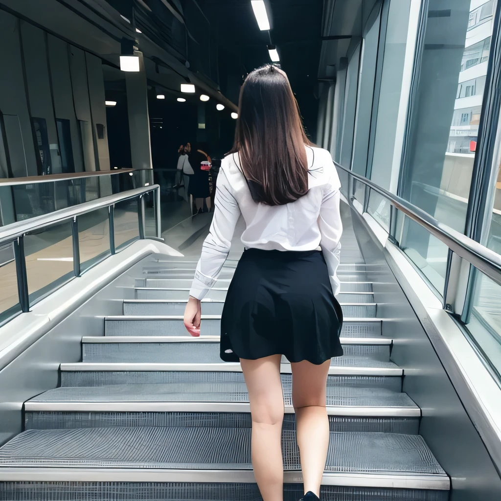table top, highest quality, figure, super detailed, finely, High resolution, 8k wallpaper, 完璧なダイナミックな構figure, skirt, skirt fluttering in the wind, medium hair, natural color lip, sexy back view, beautiful feet, Take a picture of the inside of the skirt from below, white pants, back photo, ride the escalator, maid