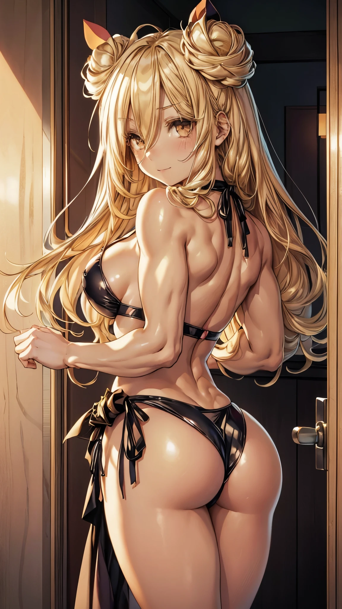 Mukuro is a beautiful young woman with a voluptuous body, having a bust considered disproportionately large for her physical age. She has golden eyes combined with flowing blonde hair that is longer than her own body. She ties her hair in an Odango hairstyle and wears ribbons around her buns, she has muscular legs and a muscular stomach, a small waist, and (((wears a very sexy and small bikini that leaves her entire backside exposed and her breasts exposed) )), Showing foot, {{{full body photo}}}, (((in motel room))), (((giant breasts))), Big breasts, just breasts, Huge breasts, barefoot, smile cute looking at me, ((backwards)), showing her big ass to me, very sexy, (bare legs)