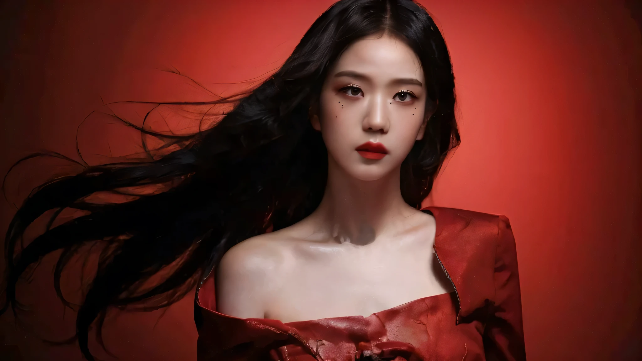 (best quality, highres:1.2, detailed-face, detailed eyes, detailed, mouth, perfect face, masterpiece), realistic, red dress, black hair, black eyes, asian face, red theme, hell fire room background, red princess, intense gaze, intense style, elegant posture, flowing dress, detailed facial features, long eyelashes, contrast, fine details, dramatic atmosphere, gothic style, intense emotions, monochrome color palette, captivating setting, haunting beauty, artistic photography, everything is red