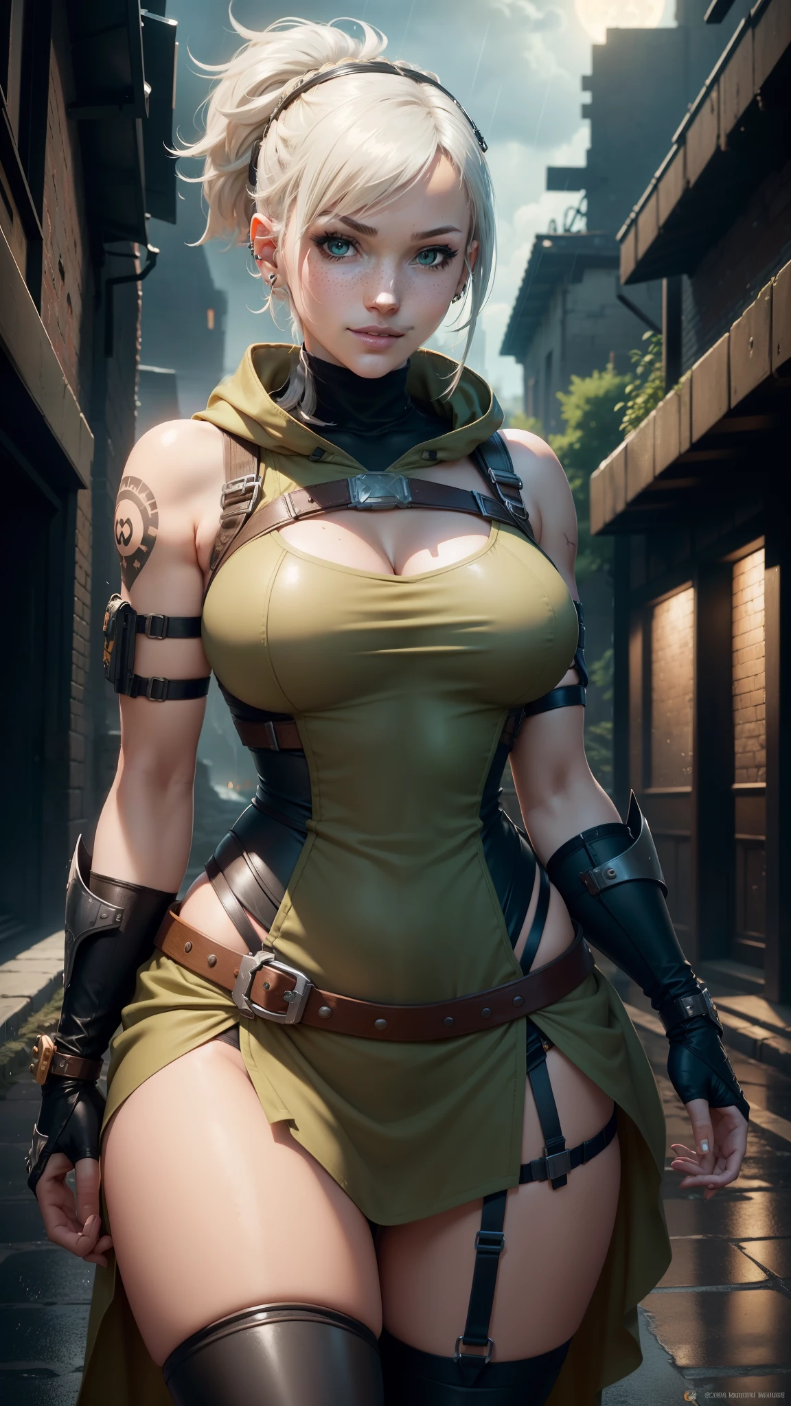 gwen tennyson,tracer,yorha 2b,rebecca chambers, overwatch, atelier ryza, close up, battle ruins, tattoos, orange an copper plugsuit, short sleeve ninja top, short sleeve ninja leotard, garter belt, harness corset, long dress train, short ponytail hair, punk makeup, green eyes, multicolored silver hair, sexy smile, freckles, beautiful girl, large breasts,8k,ultra detailed, realistic, fantasy art, bronze armor, harness armor, long ninja hooded cape, hair pin, ear piercings, moonlight, gold hand and neck jewelry, combat pose,(weather: rainy),cowboy shot, ninja knifes, torn clothes,
