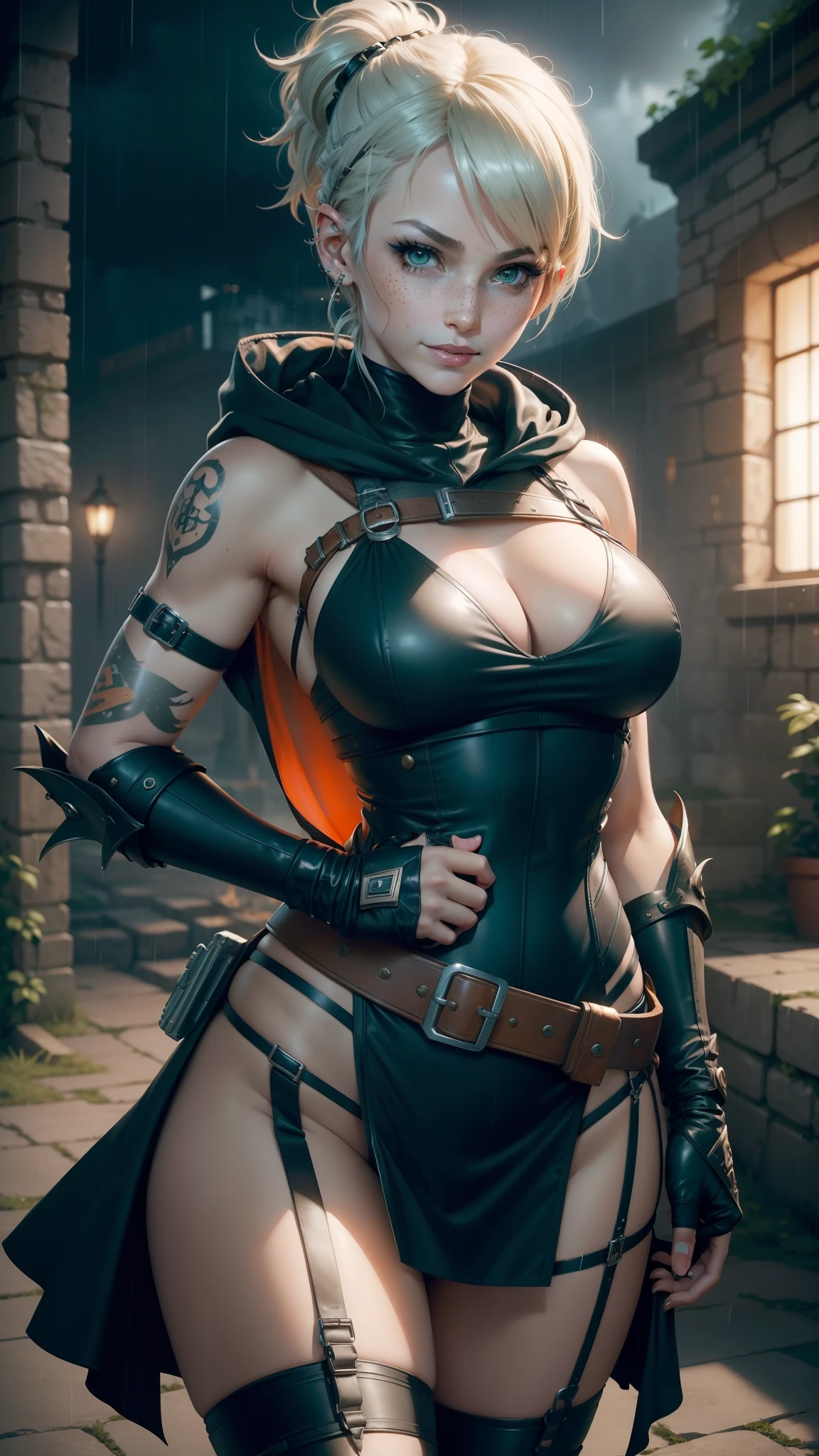 gwen tennyson,tracer,yorha 2b,rebecca chambers, overwatch, atelier ryza, close up, battle ruins, tattoos, orange an copper plugsuit, short sleeve ninja top, short sleeve ninja leotard, garter belt, harness corset, long dress train, short ponytail hair, punk makeup, green eyes, multicolored silver hair, sexy smile, freckles, beautiful girl, large breasts,8k,ultra detailed, realistic, fantasy art, bronze armor, harness armor, long ninja hooded cape, hair pin, ear piercings, moonlight, gold hand and neck jewelry, combat pose,(weather: rainy),cowboy shot, ninja knifes, torn clothes,