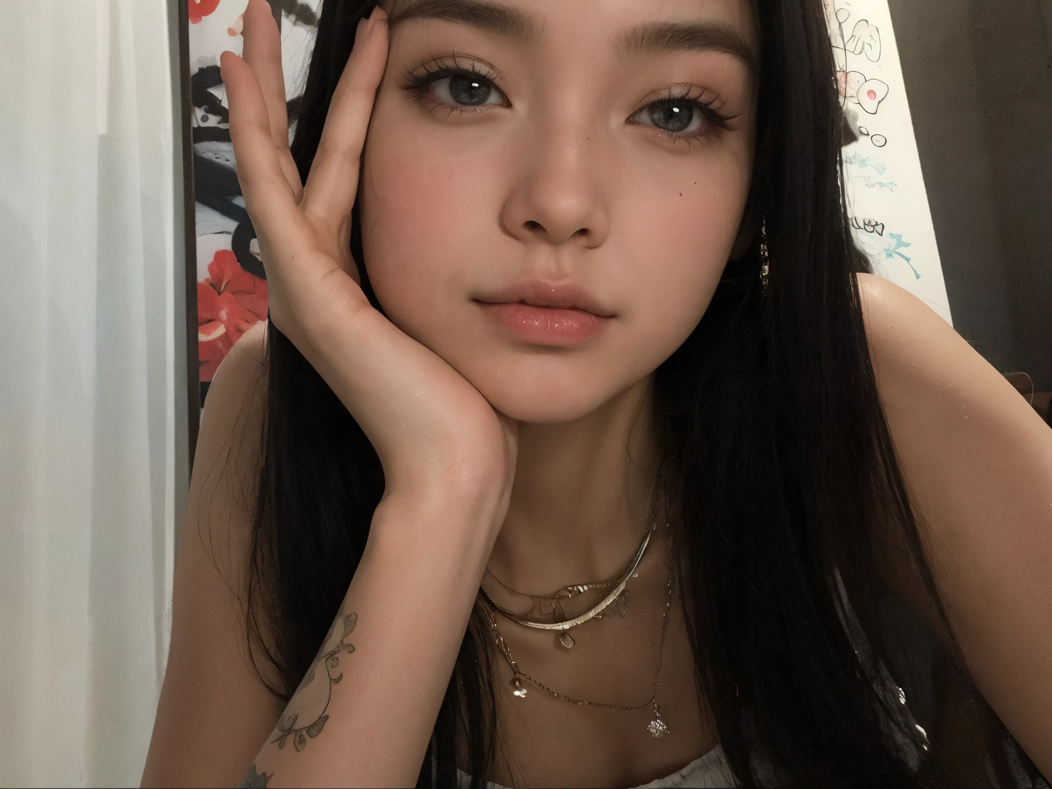 Mulher tirando uma selfie, cabelo preto e longo, sul coreana, irene, mulher sensual, rosto perfeito, alta qualidade, jennie, Asian, 27 anos 
