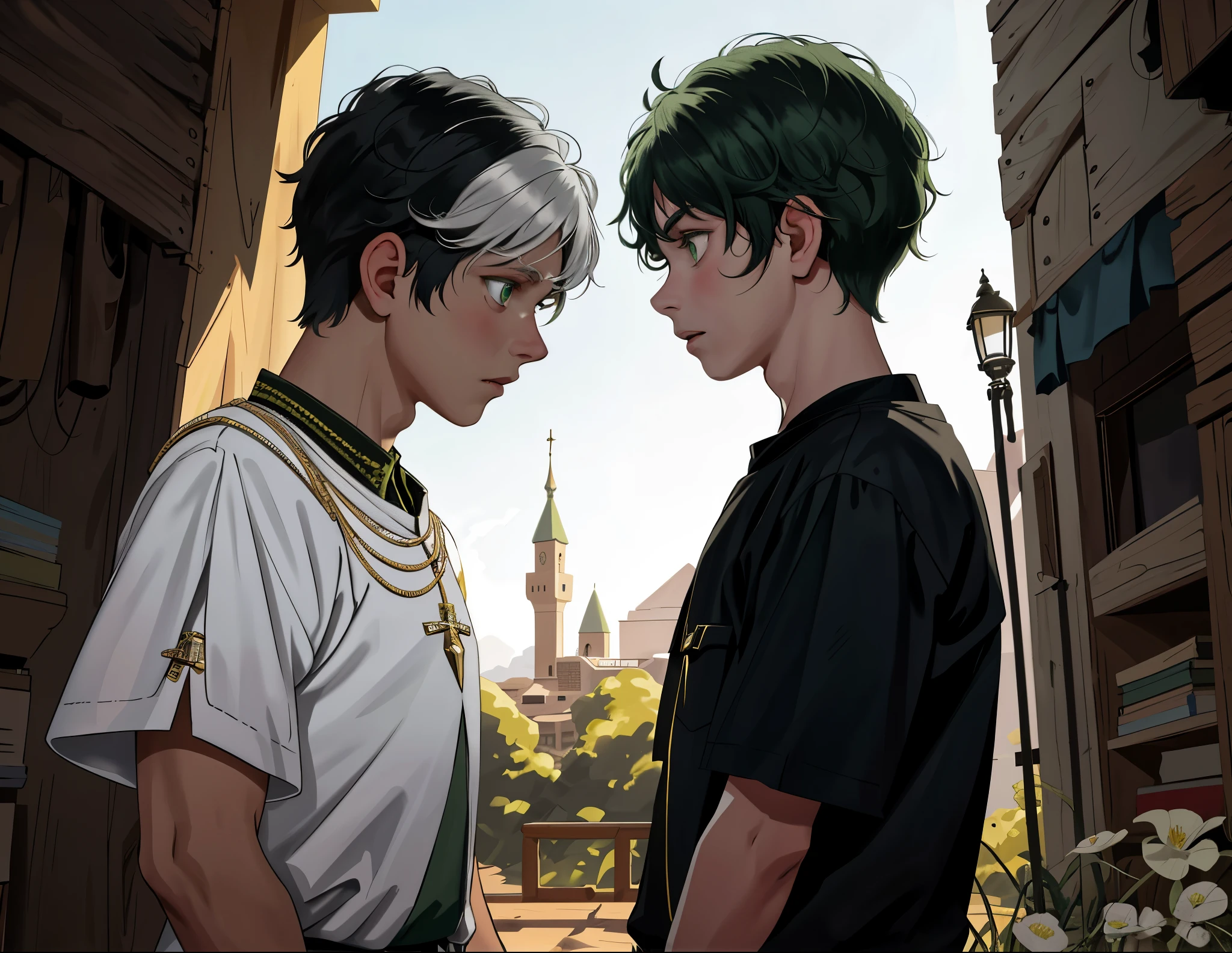 There are two 8-year-old boys, one with green eyes and white hair, he talks to him, he asks questions to the other, he talks to him with his mouth open.