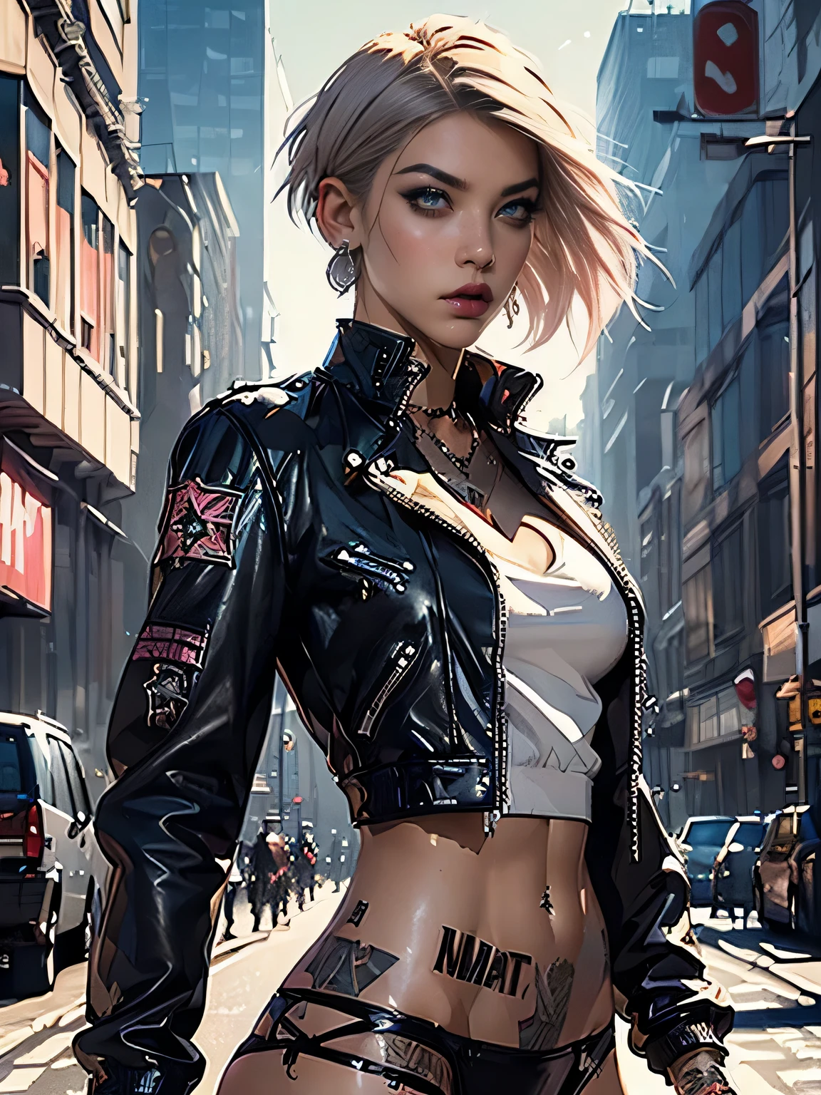 (((highest quality: 1.4))),(A masterpiece like no other in history), (ultra high resolution),(Ultra-realistic 8k CG), official art、 (((adult body))), (((1 girl))), ((( bob short hair ))), punk girl with perfect body, jacket with metal spine,beautiful and well-shaped face,flashy makeup,see here 1.5,elaborate punk fashion,leather jacket, (Image from head to thighs),(( bob short hair )), small leather panties, Simon Bisley&#39;urban brutal style,Detailed street background of London,beautiful abs, Complex graphics, Toxic tattoo of dark pink with white stars and gray and white stripes )), earrings,