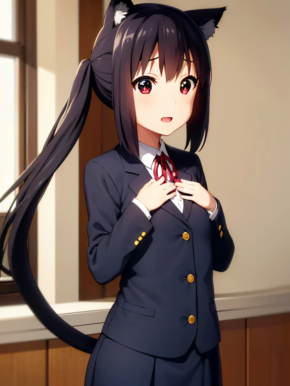 (best quality, masterpiece:1.2), 1girl, (((masterpiece))), top-quality, top-quality, High Details, nakano azusa, 1girl, Cafe waiter uniform, black cat ear, (((black cat ear))), Twin-tailed, length hair, A dark-haired, brown-eyed, solo, reddish, thin red ribbon, Solid white buttoned shirt under blazer, illustratio, comic strip, soothing tones, Subdued Color, Soft cinematic light, adobe lightroom, photolab, HDR, intricately and hyper-detailed、(((depth of fieldasterpiece)))。(((top-quality))).)((ultra-detailliert)))。(((illustratio)))。(((takeout))).dynamic focus.big breasts.(((kitchen))).(((A home))).(((Face of Smile))). open mouth.(((put hands on the stomach))).(((up chest))).((evening glow)).((the setting sun)), solo, anime, anime screencap,  ray tracing, global illumination, ultra resolution image, vivid color,  cinematic light,  lens flare,  light on face, glow eyes,  depth of field, happy, detailed background, cute,  straight-on, dive dress, navel,