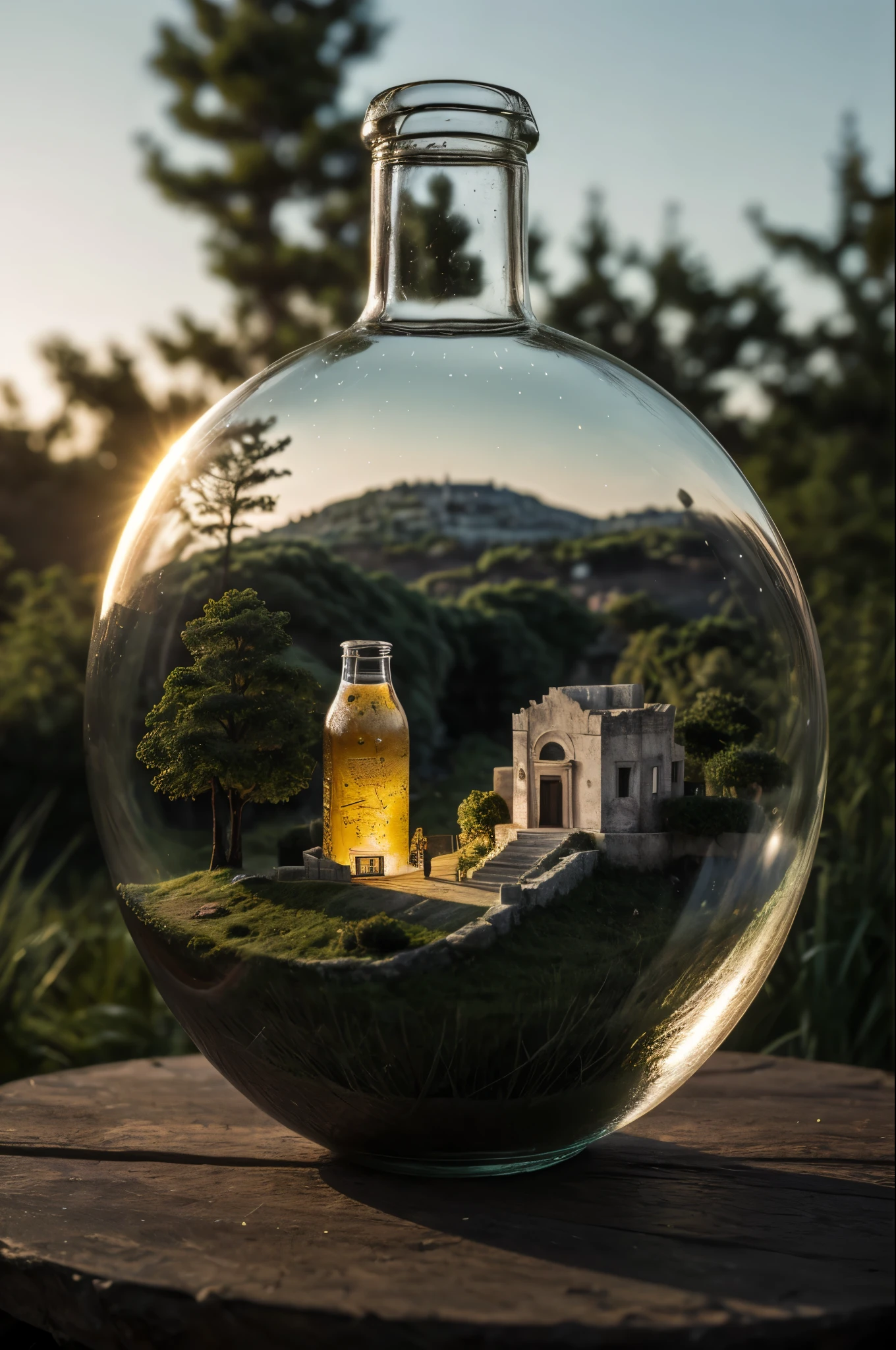 (An intricate mini-landscape of a mini-Matera trapped in a bottle), (sassi_di_matera trapped in a bottle), atmospheric oliva lighting, on the table, 4k UHD, dark vibes, hyper detailed, vibrant colours forest background, epic composition, octane render, sharp focus, high resolution isometric, bubblerealm