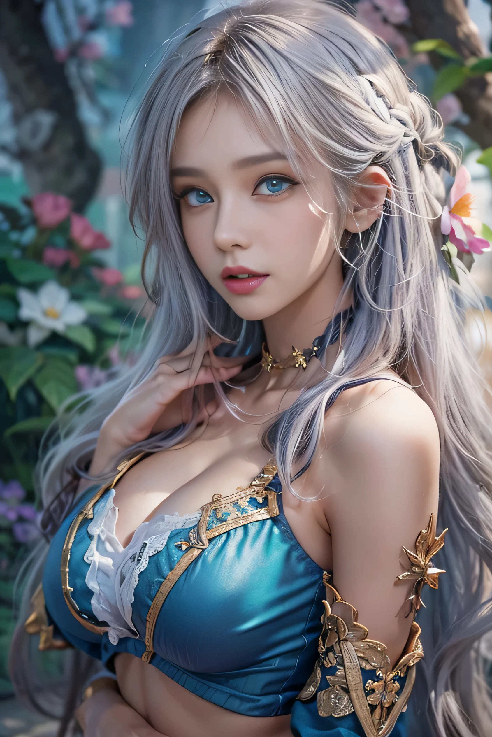 (photorealistic:1.8, highest quality:1.8,8K masterpiece:1.8,High resolution,muste piece:1.8,RAW Photos,cinematic lighting,red and purple dream colors),A world of fantasy, swords and magic,23 year old woman,(long sleeve,bra,mini skirt,panties,choker,Cleavage cut),( face,details face,detailed lip,beautiful detailed blue eyes:1.7,double eyelid:1.6,long eyelashes,beautiful skin:1.8), (looking at the camera:1.5),(photo seen from behind:1.4),( midium Hair:1.2,Beautiful shining blue blonde hair:1.5), expression(Impish Smile:1.3,face turns red:1.3),(Moderate chest:1.3), transparent nipples,Pause(Dynamic pause,crawl on all fours,(crawling position on their hands and knees:1.5, beautiful butt, butt focus),background(Fantasy forest with blooming flowers),(detailed perfect face),anatomically correct,normal hands:1.5,normal finger:1:5,normal feet:1.5,(cameltoe)