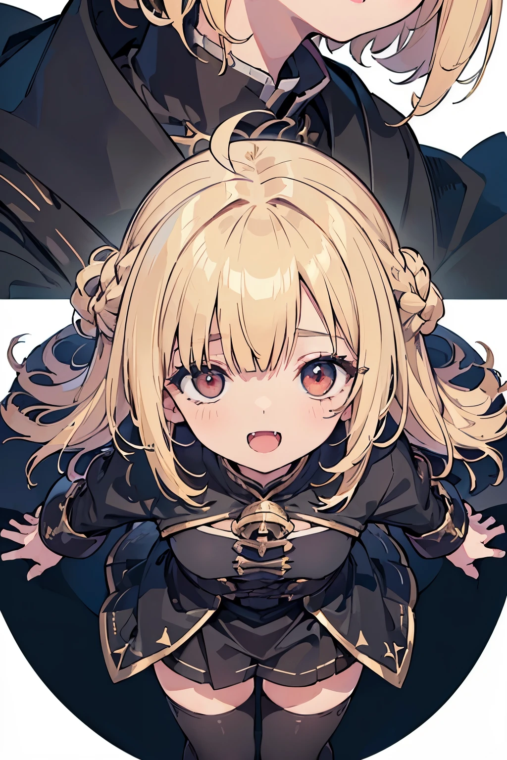 (masterpiece:1.2), (highest quality:1.2), perfect eyes, perfect face, perfect lighting, medieval lake 1 boy,(blonde) (deep red eyes), ((((((hair above one eye,)))))), Braidスタイル, spike hair, dull bangs, (bob hair), (Braid), Ahoge, (nude), cute eyes, medium breast, open mouth, (smile), fang, ((((from above)))), ((From the side)), open mouth, Vivid depiction,dark black knight armor, black robe, skirt, Thighhighs, arms behind back立っている (tooth), ((looking up:1.3))), (face close up:1.4) orgasm, scared, (((cum on hair))),