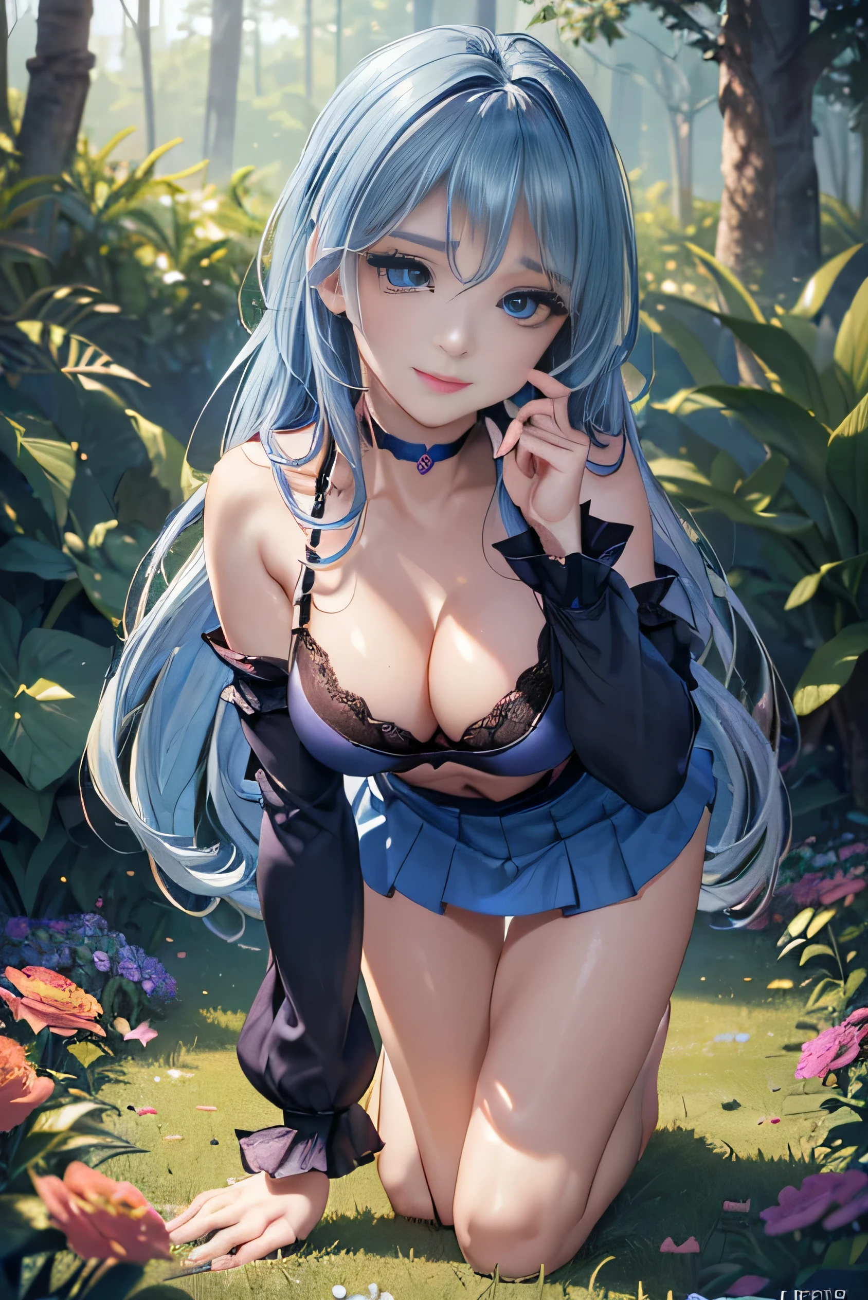 (photorealistic:1.8, highest quality:1.8,8K masterpiece:1.8,High resolution,muste piece:1.8,RAW Photos,cinematic lighting,red and purple dream colors),A world of fantasy, swords and magic,23 year old woman,(long sleeve,bra,mini skirt,panties,choker,Cleavage cut),( face,details face,detailed lip,beautiful detailed blue eyes:1.7,double eyelid:1.6,long eyelashes,beautiful skin:1.8), (looking at the camera:1.5),( midium Hair:1.2,Beautiful shining blue blonde hair:1.5), expression(Impish Smile:1.3,face turns red:1.3),(Moderate chest:1.3), transparent nipples,Pause(Dynamic pause,crawl on all fours,(crawling position on their hands and knees:1.5, beautiful butt, butt focus),background(Fantasy forest with blooming flowers),(detailed perfect face),anatomically correct,normal hands:1.5,normal finger:1:5,normal feet:1.5,(cameltoe)