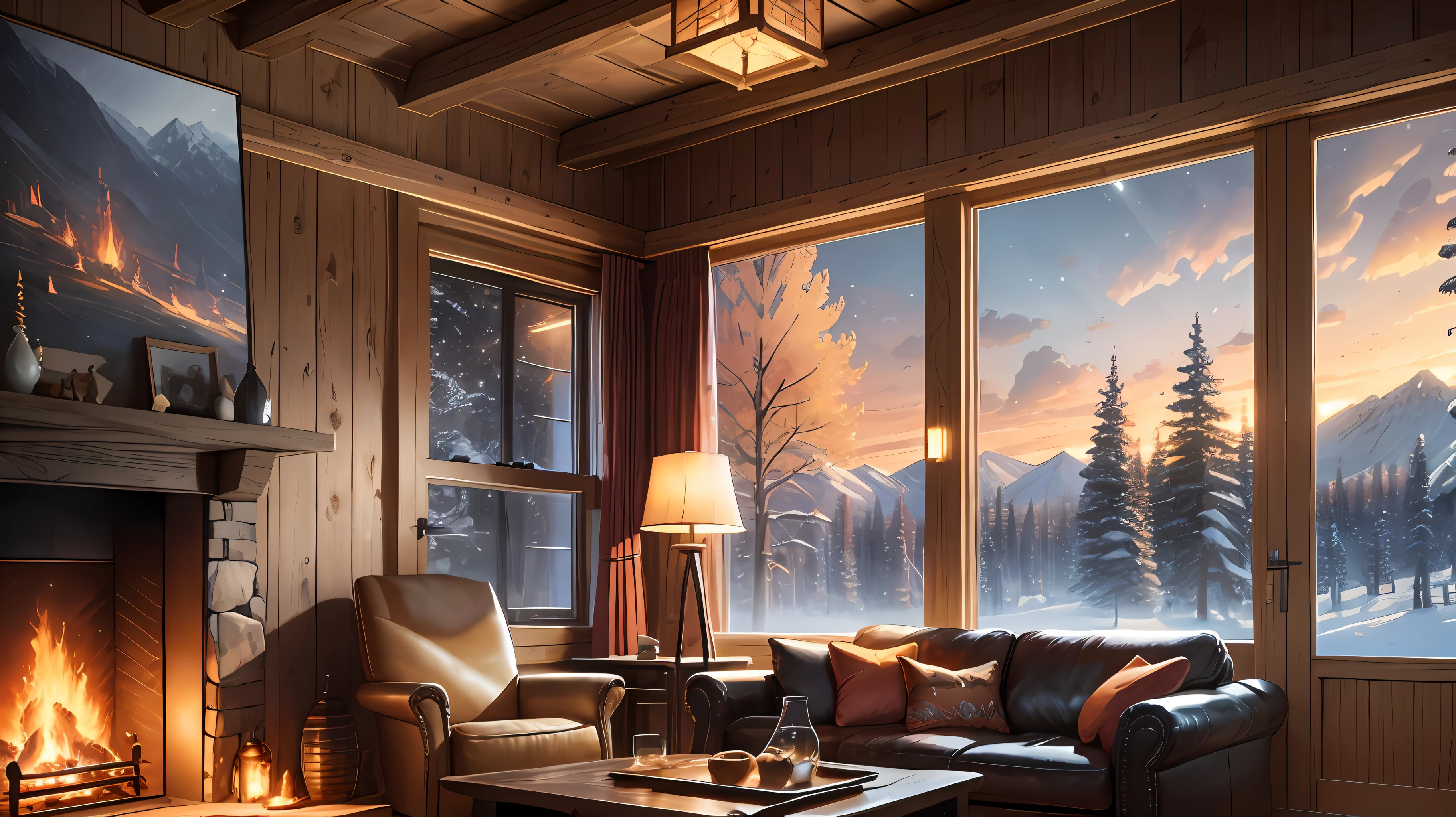 log cabin living room anime background, (cozy atmosphere), (subtle illumination), glowing fire from stone fireplace, lion skin mat. Tatsuya Endo, Greg Rutkowski, Pixiv, Artstation