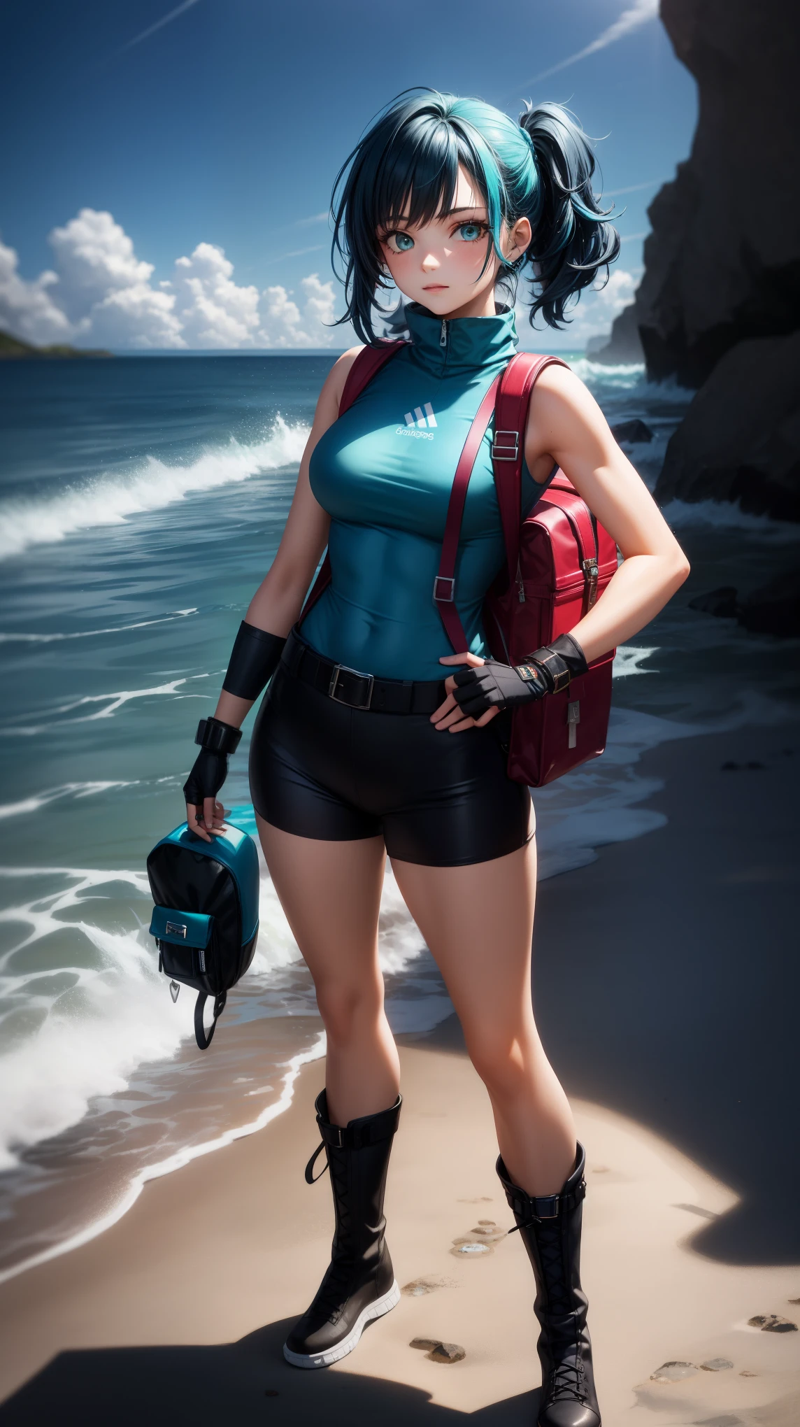 18 year old girl, Lean and agile, with a well-toned physique, Hair with petrol blue and dark blue color, the hair looks like a sea wave, Bright turquoise eye, A combination of practical and stylish adventurer's attire, featuring a sleeveless tunic, fingerless gloves, and durable boots, a backpack 