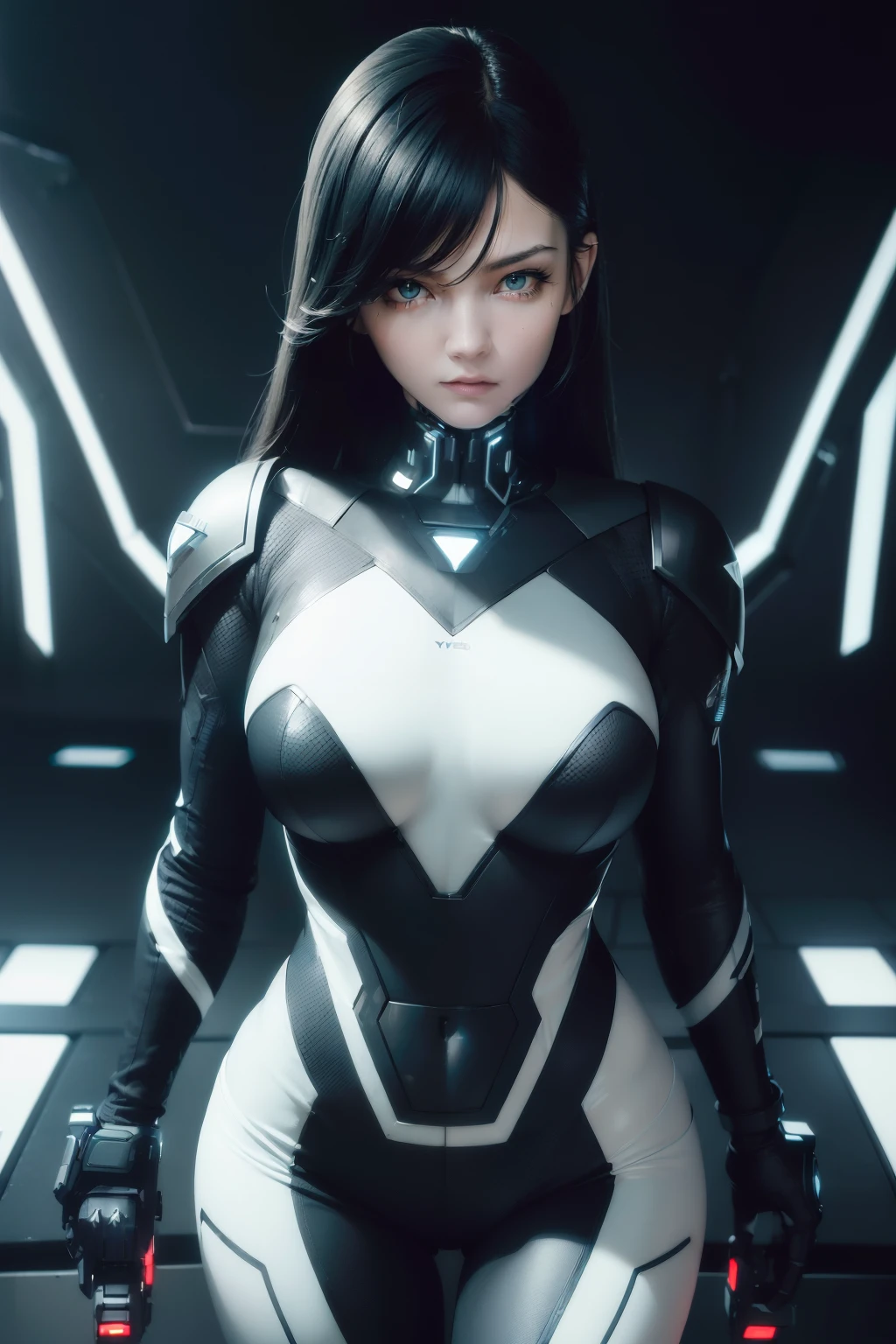 (((cybersoldier style aesthetic))) bust to waist ((half body)) ((beauty shape)) perfect skin, hyperrealistic masterpiece, in extremely complex & superdetailed black and white plugsuit, cinematic illumination: 8k, symmetrical eyes, realistic, sharp focus, HD, highly detailed, intricate, photography, hyperrealism, hyperrealistic, film, studio portrait, detailed, dramatic lighting, (((holding two guns)))