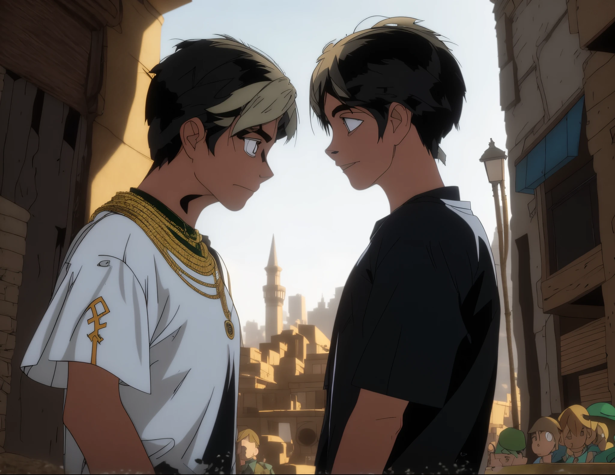 There are two 8-year-old boys, one with green eyes and white hair, he talks to him, he asks questions to the other, he talks to him with his mouth open.