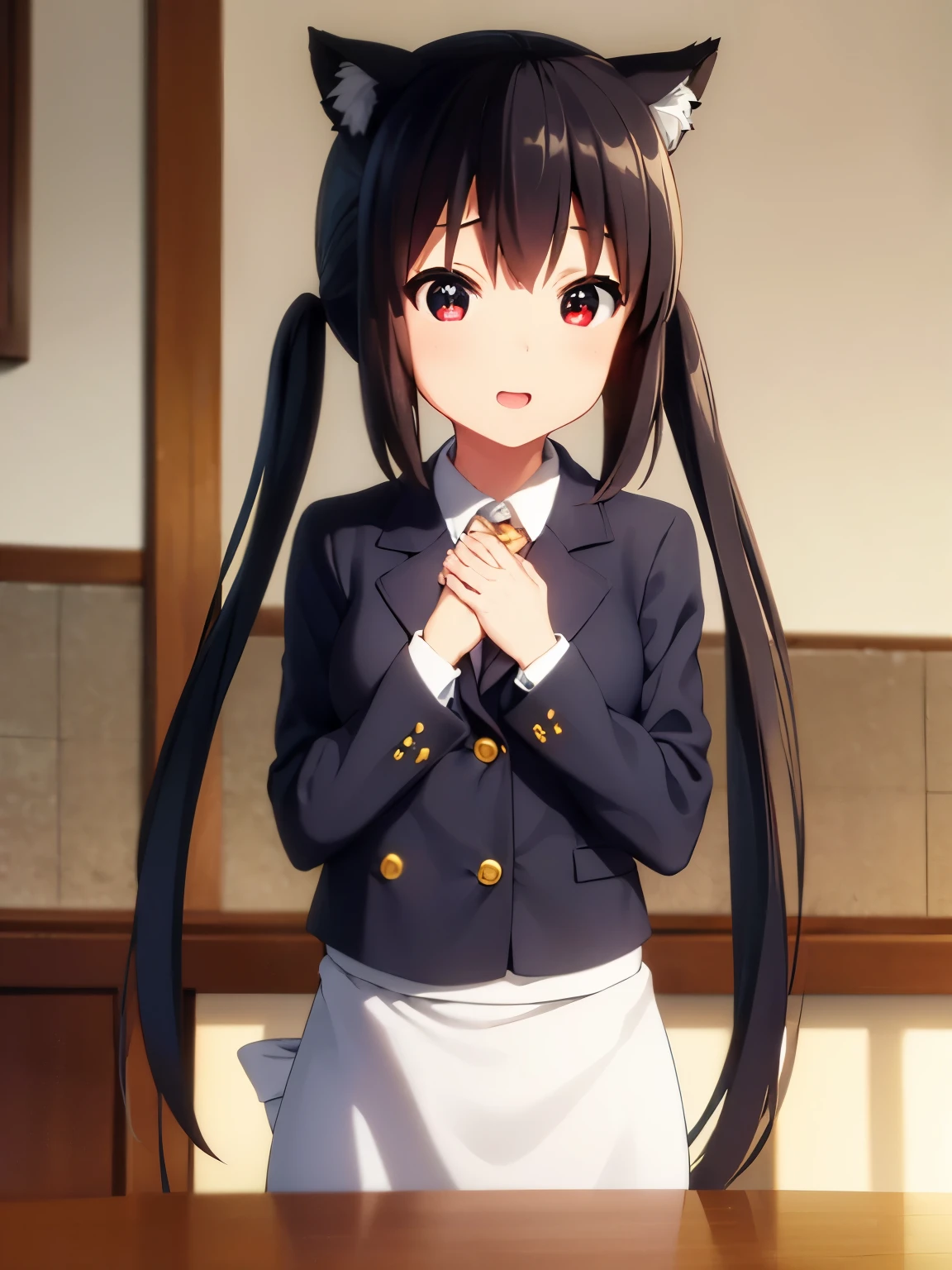(best quality, masterpiece:1.2), 1girl, (((masterpiece))), top-quality, top-quality, High Details, nakano azusa, 1girl, Cafe waiter uniform, black cat ear, (((black cat ear))), Twin-tailed, length hair, A dark-haired, brown-eyed, solo, reddish, thin red ribbon, Solid white buttoned shirt under blazer, illustratio, comic strip, soothing tones, Subdued Color, Soft cinematic light, adobe lightroom, photolab, HDR, intricately and hyper-detailed、(((depth of fieldasterpiece)))。(((top-quality))).)((ultra-detailliert)))。(((illustratio)))。(((takeout))).dynamic focus.big breasts.(((kitchen))).(((A home))).(((Face of Smile))). open mouth.(((put hands on the stomach))).(((up chest))).((evening glow)).((the setting sun)), solo, anime, anime screencap, ray tracing, global illumination, ultra resolution image, vivid color, cinematic light, lens flare, light on face, glow eyes, depth of field, happy, detailed background, cute, straight-on, dive dress, navel,