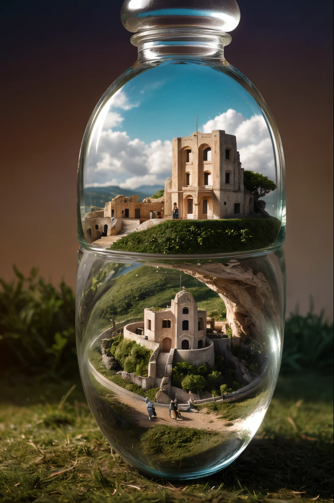 (An intricate mini-landscape of a mini-princess trapped in a bottle), (sassi_di_matera trapped in a bottle), atmospheric oliva lighting, on the table, 4k UHD, dark vibes, hyper detailed, vibrant colours forest background, epic composition, octane render, sharp focus, high resolution isometric, bubblerealm