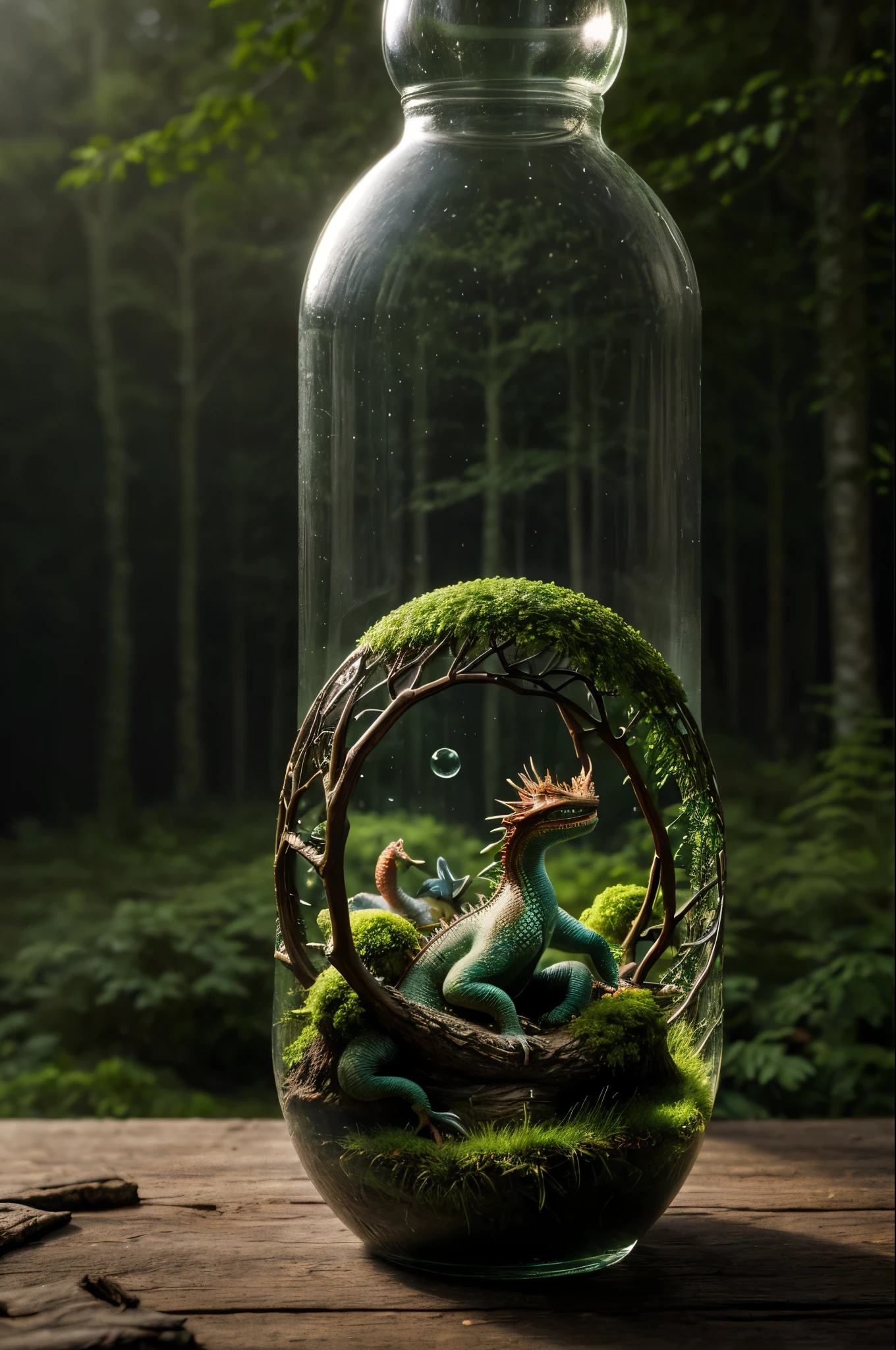 (An intricate forest mini-landscape of a minidragon trapped in a bottle), atmospheric oliva lighting, on the  table, 4k UHD, dark vibes, hyper detailed, vibrant colours forest background, epic composition, octane render, sharp focus, high resolution isometric, bubblerealm