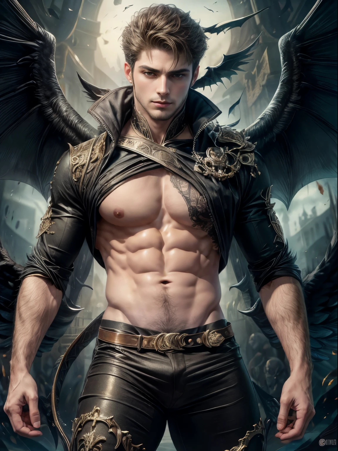 ((obra de arte, melhor qualidade, high resolution)) A handsome man with black demon wings, olhos vermelhos, Orelhas pontudas, muscular