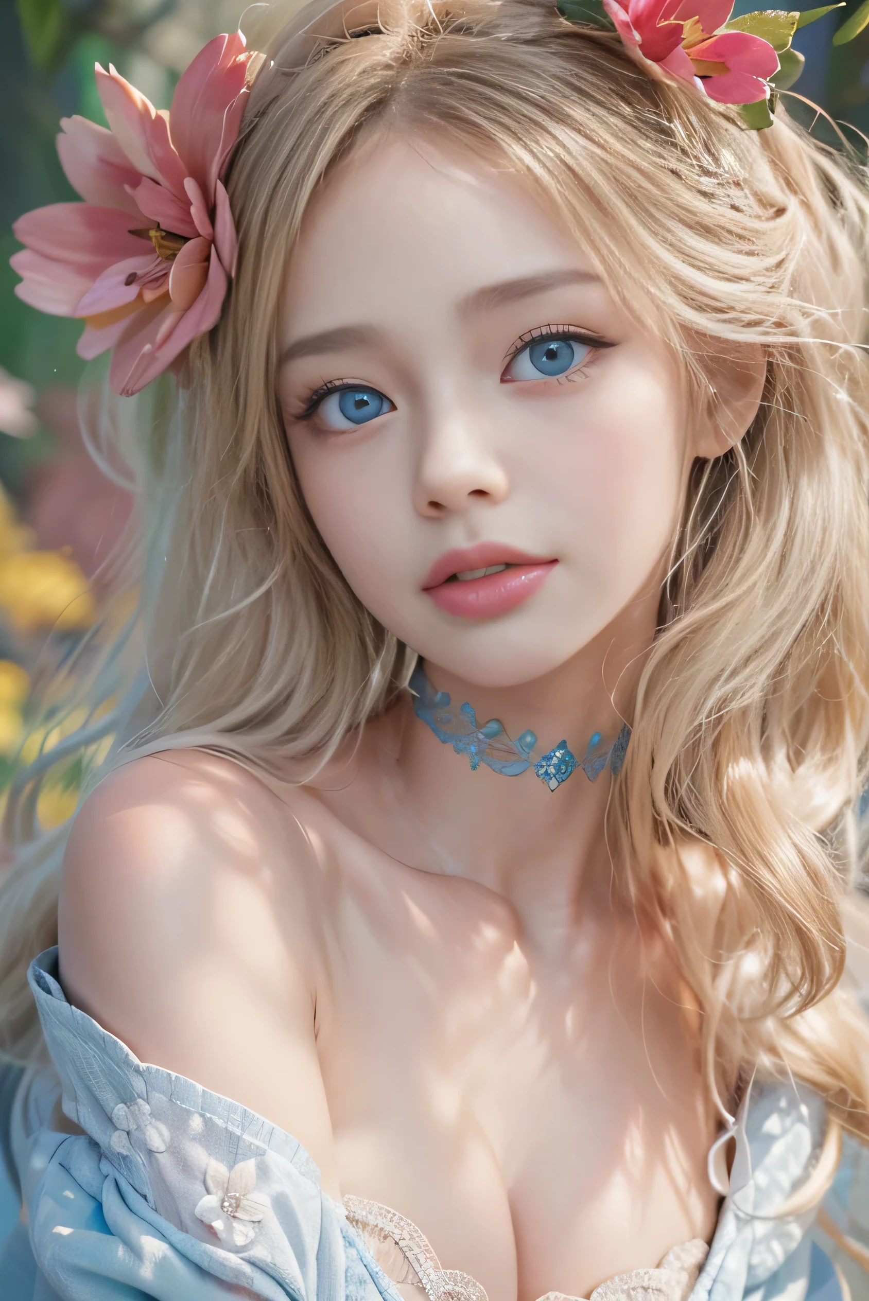 (photorealistic:1.8, highest quality:1.8,8K masterpiece:1.8,High resolution,muste piece:1.8,RAW Photos,cinematic lighting,red and purple dream colors),fantasy world,One 23 year old woman,(white leotard,choker,Cleavage cut),( face, detailed lip, beautiful detailed blue eyes:1.7,double eyelid:1.6,long eyelashes,beautiful skin:1.8), (photo seen from behind:1.4),(looking at the camera:1.5),( midium Hair:1.2,beautiful shining blonde hair:1.5), expression(Impish Smile:1.3,face turns red:1.3),(Moderate chest:1.3), Pause(Seductive pose:1.5),(beautiful butt, butt focus),background(Fantasy forest with blooming flowers),(cameltoe)