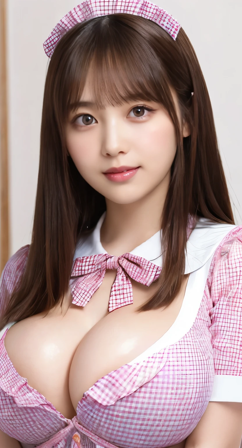 Very beautiful cute young girl like an angel,
detailed and beautiful eyes, 
detailed double eyelids,
(soft saturation: 1.3), 
(fair skin: 1.3),
(Big eyes:1.4),
long brown straight hair, 
see through bang,(18-year-old),
Sharp focus,
beautiful detailed face and eyes, 
droopy eyes,
small nose,
small mouth, 
Happy smile with visible teeth, 85mm lens, f/8.0,break (super glossy hologram white＆Metallic pink gingham maid costume :1.3),walk,brown hair ,(Clothes with strong reflective surfaces:1.3),
(highest quality:1.2),(pink gingham maid outfit:1.5),
RAW photo, 
High resolution, 
perfect details, 
professional photography, 
professional lighting,
Powerful lighting of costumes,at a french restaurant,employee staff、(big breasts:1.8)