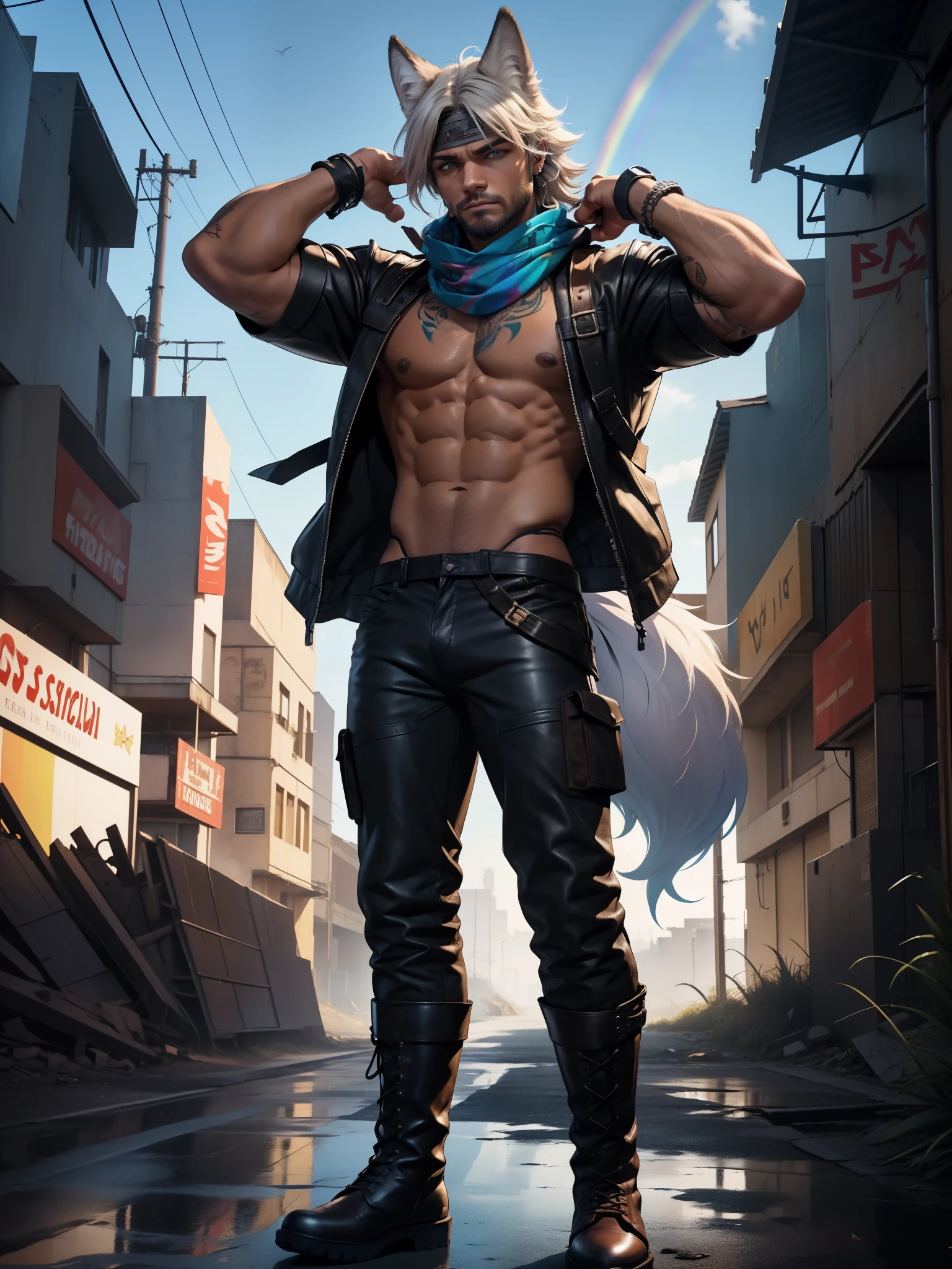 young military bad boy with short beard, ((wearing brown boots)), he is leaning back with his arms up, ((he is scowling)), ((rainbow multicolour palette)), has body hair, ((dark tanned skin)), short cropped white hair, ((has wolf ears)), ((has wolf tail)), he is standing in a ruined city at night, wearing skintight black pants, tech wear, tech, has detailed blue eyes, covered in tattoos, wearing bandana and leather wrist bands, ((solo)), ((alone))