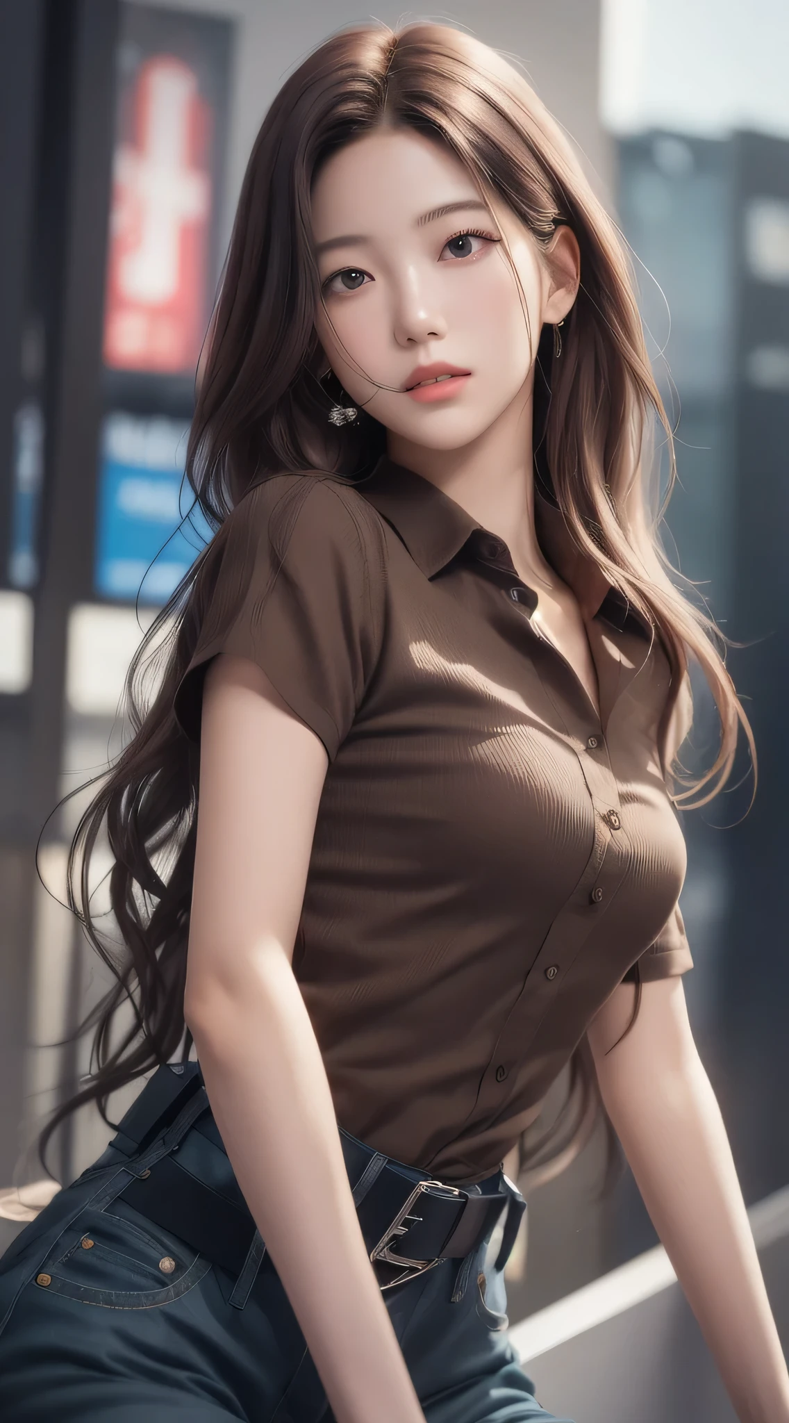 Photorealistic, masutepiece, Best Quality, Raw photo, 1girl in, Solo, Long hair, Brown hair, Detailed face, alluring face, Collared shirt, medium breasts, Dynamic Pose, Looking at Viewer, From below, Detailed background, fine detailed, intricate detailes, Ray tracing, depth of fields, lowkey, nffsw