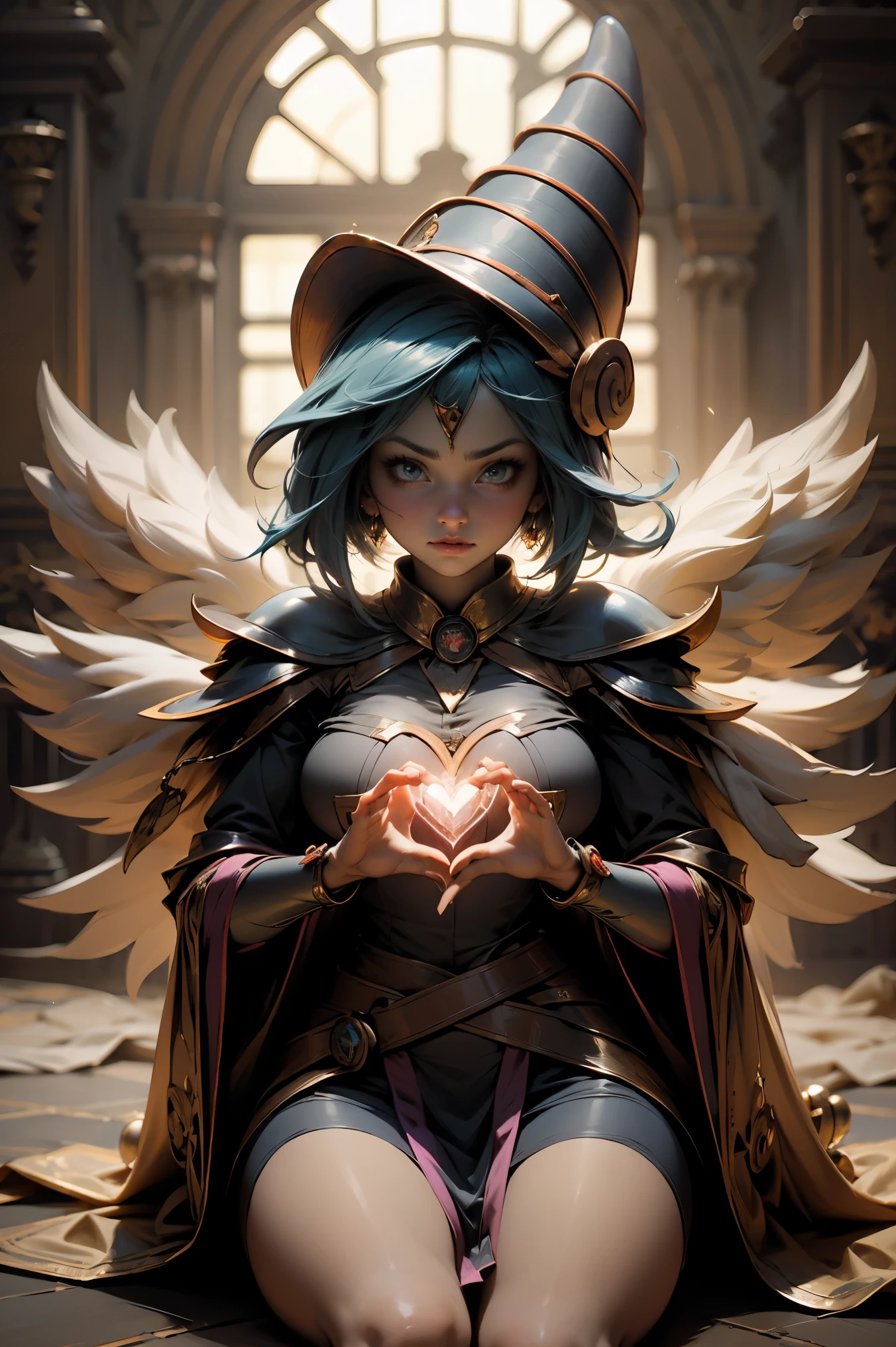 (obra maestra:1.2), (La mejor calidad:1.2), perfect lighting, Chica Maga Oscura lanzando un hechizo, en batalla, tetas medianas visibles, escote transparente, bata azul, sombrero grande, desde arriba, Destellos, Yugioh juego, The magic of the heart. LIGHTS OF THE HEART, Romantic heart.