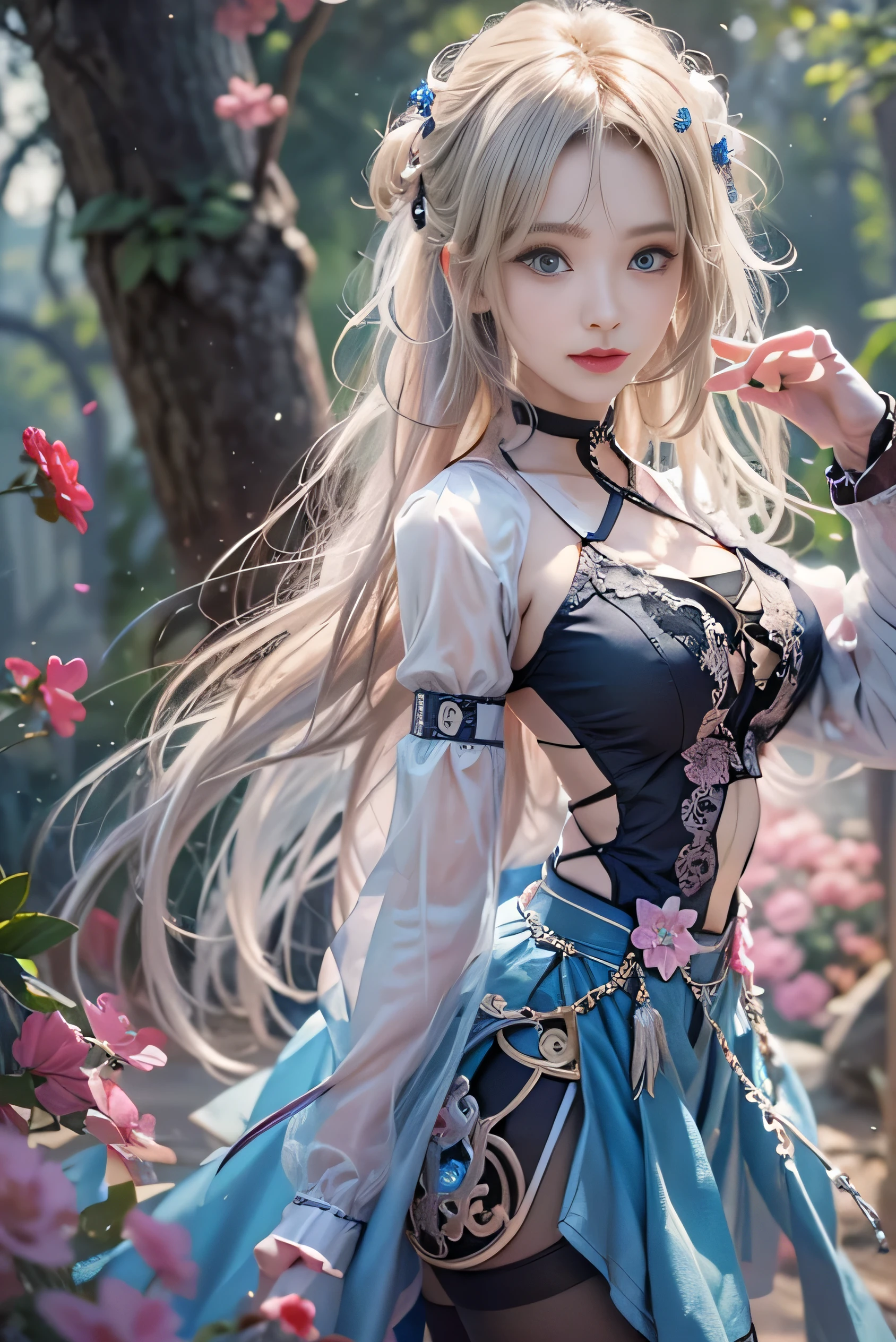 (photorealistic:1.8、highest quality:1.8、8K masterpiece:1.8、High resolution、must-have:1.8、RAW photo、cinematic lighting、red and purple dream colors)、A world of fantasy, swords and magic、23 year old female、 (long sleeve、bra、mini skirt、pants、choker、cleavage cut)、(face、face details、lip details、beautiful detailed blue eyes:1.7、double eyelid:1.6、long eyelashes、beautiful skin:1.8)、camera:1.5)、(photo seen from behind:1.4)、(medium hair:1.2、Beautiful shining blue blonde:1.5)、expression(Innocent smile face:1.3、face becomes red:1.3)、(moderate chest:1.3) 、transparent nipples、Pause(Dynamic pause、crawl on all fours:1.5、Beautiful butt、butt focus)、background(Fairy forest with blooming flowers)、(detailed perfect face)、anatomically correct、normal hands:1.5、normal finger:1 :5、normal feet:1.5、(cameltoe)