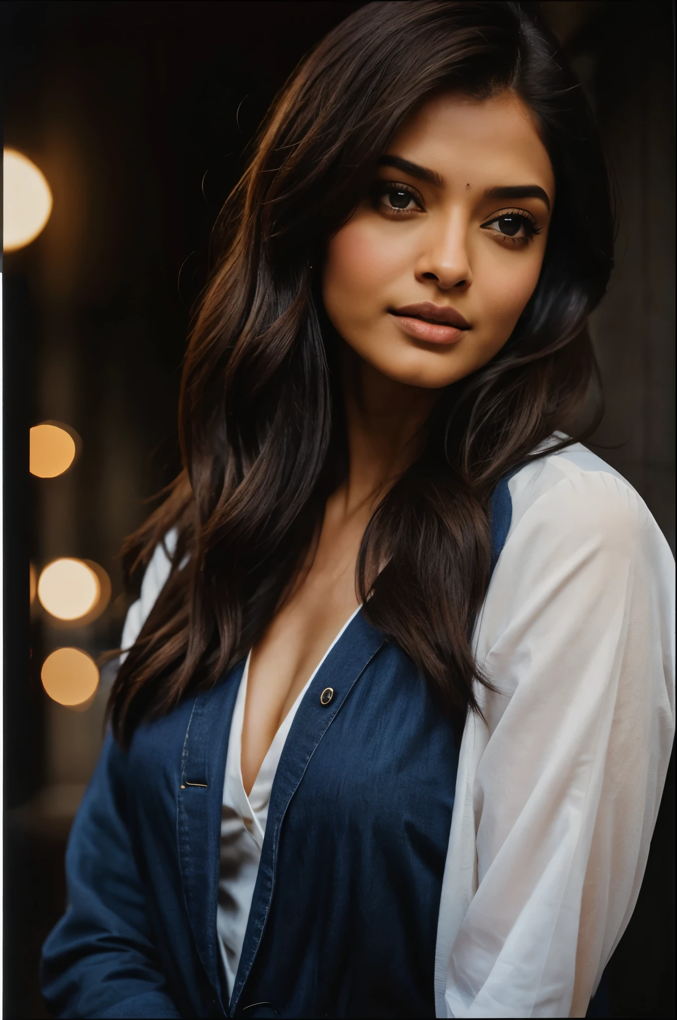 arafed instagram supermodel, indian features, mid-length brown hair, pale skin, perfect face, looking hot, Victoria secret model body, Aishwarya Rai Bachchan, harsh polaroid flash, vintage quality, in the night, dark background, one girl, realistic portrait