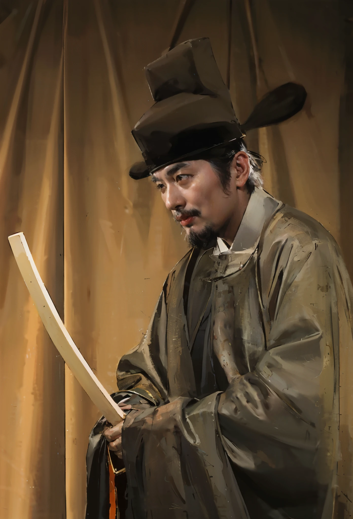 best quality,masterpiece,(painting:1.5),Ancient Chinese official uniform,antique clothing,Hanfu,middle-aged man,Fifty-year-old man,sixty year old man,insidious and cunning,wise,fierce eyes,French-German man in black robe holding token in front of curtain, Inspired by Shin Saimdang, drama, 灵感来自surname徽宗, Wearing ancient Chinese clothing, Hanfu, Inspired by Emperor Xuande, Shin Jung Ho, 高戏drama性, Inspired by Ann Gu, surname, precise,Inspired by Shin Saimdang, flying dragon, drama, Guo Zhiying, Shin Jung Ho, Inspired by Ann Gu, inspired by Yang Borun, Hong Soon-sang, from the three kingdoms, Inspired by Shin Yoon-bok, noble, Inspired by Yoon Doo Ri(Amy Sole:0.248),(a detailed painting:0.353),(文艺复兴古典painting风格:0.8)