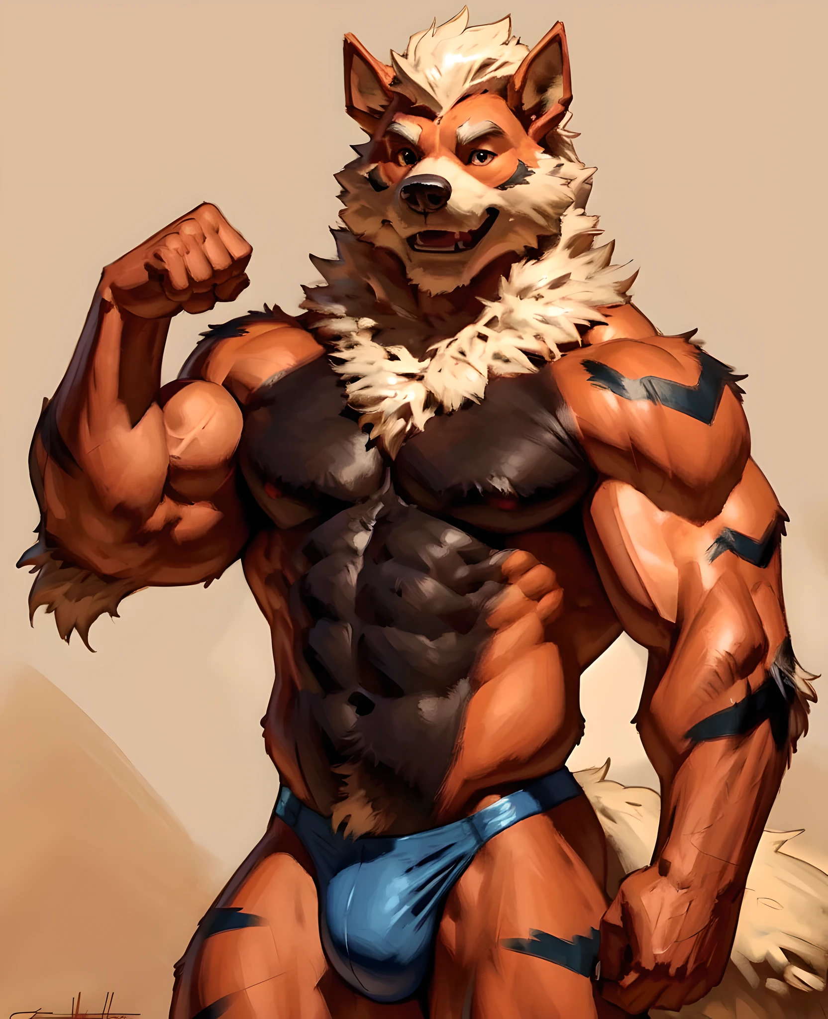 arcanine, male, masculine, mature, older male, black chest, black stomach, very muscular, half-body, upper body, handsome, meesh style, taran fiddler style, strong chest, flexing muscles:1.1, tight underwear