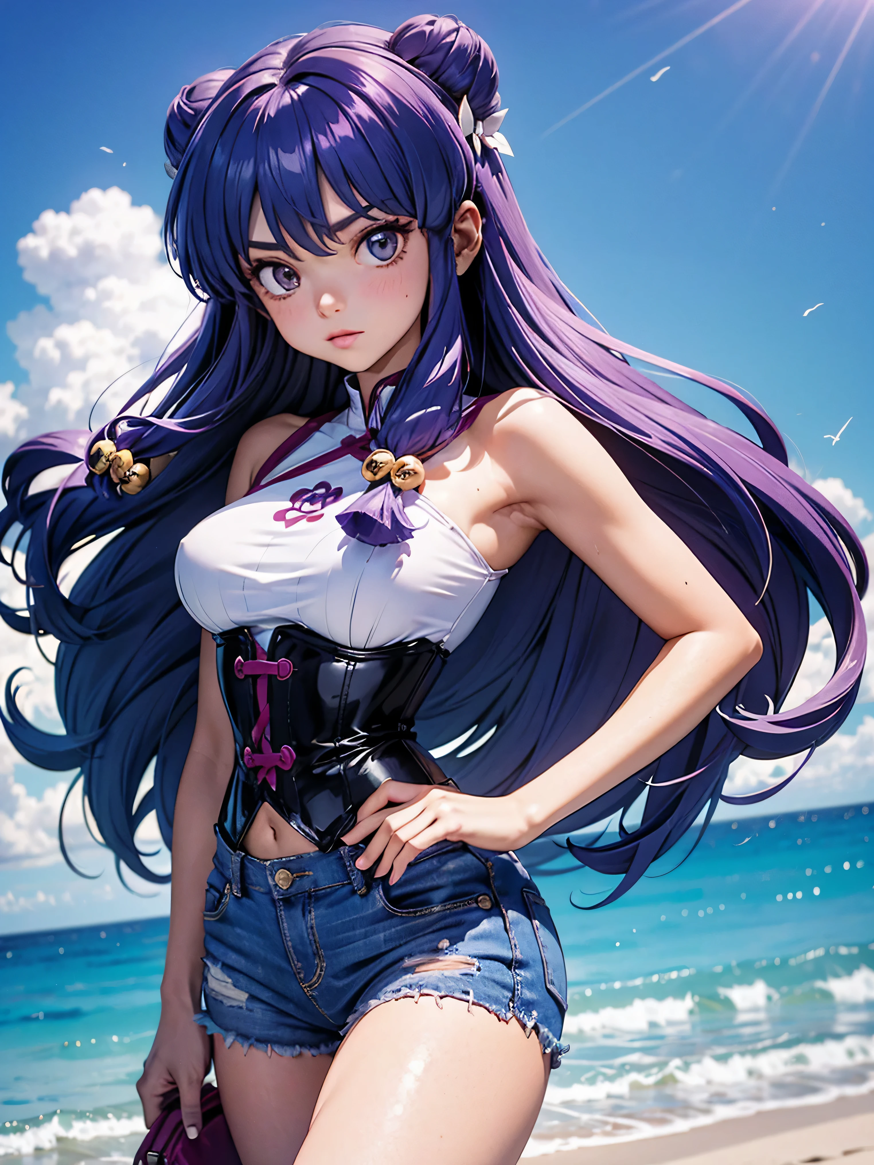 Anime cabelo purple com short jeans e corset rosa pink, 16 anos, corpo bonito, seios grandes, with hands on hips and in hair, hand on ass and hair, Garota sexy, purple cabelo, mechas de cabelo laterais, mechas de cabelo na lateral do rosto, beautiful lighting, sombras suaves, olhos azuis, pernas bonitas, cabelo longo purple, estilo anime, personagem Shampoo Chan, Autora Rumiko Takahashi, Baseado em obra de Rumiko Takahashi, Anime Ranma 1/ 2, decote sexy, quadril robusto, corpo inteiro, corpo inteiro, busto grande, garota jovem com corpo belo e bonito, sandals on his feet, garota 16 anos jovem, usando short jeans e corset pink rosa brilhante, garota anime, estilo anime, beautiful feet in sandals, 45° viewing angle, ao ar livre, peito grande, seios bonitos, cabelo purple, sandals on the feet, pernas bonitas, sexy