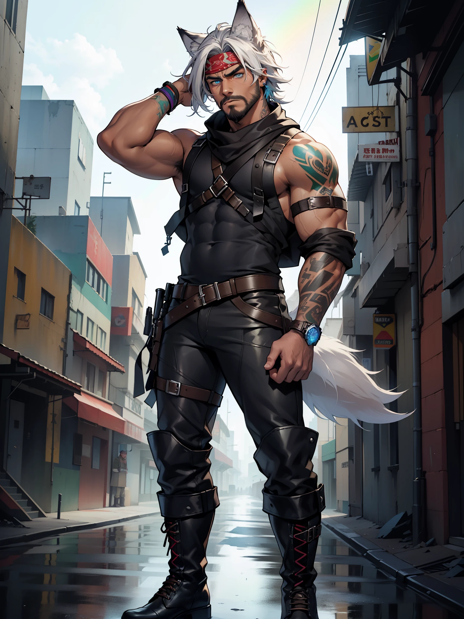 skateboarder punk man ((wearing big boots)), full body shot, viewed from above, lightning storm, sweating, masculine with short beard, body hair, ((dark tanned skin)), bulge, short cropped ombre hair, ((has wolf ears)), ((has wolf tail)), smoky grunge punk graffiti, wearing ((skintight denim)) pants, ((unzipped showing pubes)), sagging low on his hips, ((he is solo, he is alone)), has detailed glowing blue eyes, covered in ((blue tattoos)), wearing bandana and leather wrist bands, wearing fingerless gloves, muscular thighs