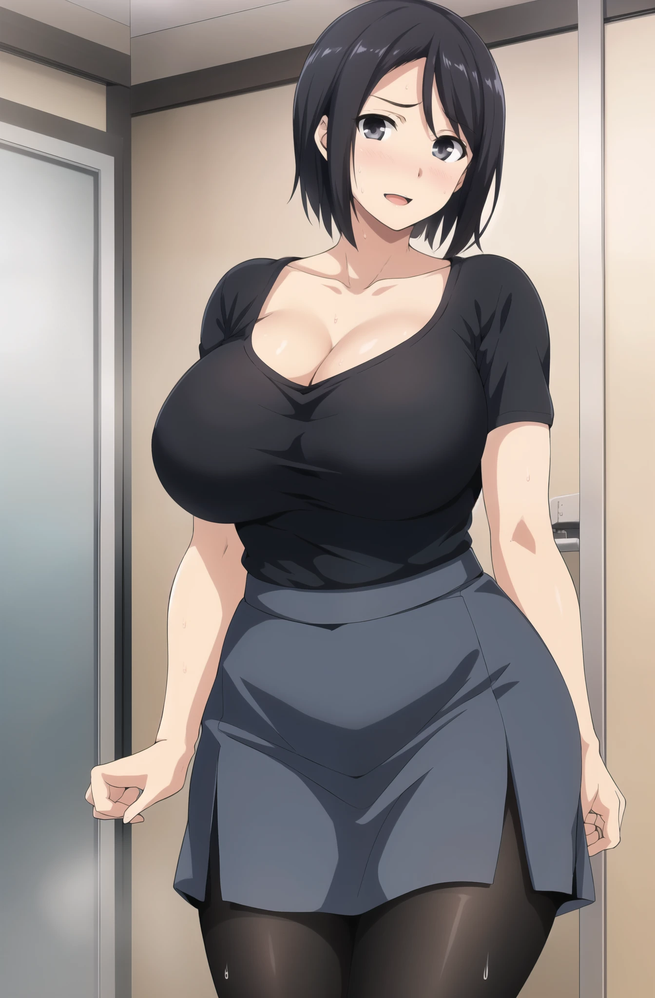 in a bathroom, 1girl, solo, looking at viewer, shameful expression, blush, happy, blushful, short hair, parted bangs, huge breasts, black shirt outside white shirt inside, loose shirt, pantyhose, black hair, collarbone, blue skirt, standing, sweatdrop, detailed black eyes, black shirt, opened mouth, curvy, sexy, official art, extremely detailed CG unity 8k wallpaper, Colorful, (masterpiece:1.0), (best_quality:1.0), ultra high res, 4K, ultra-detailed,
