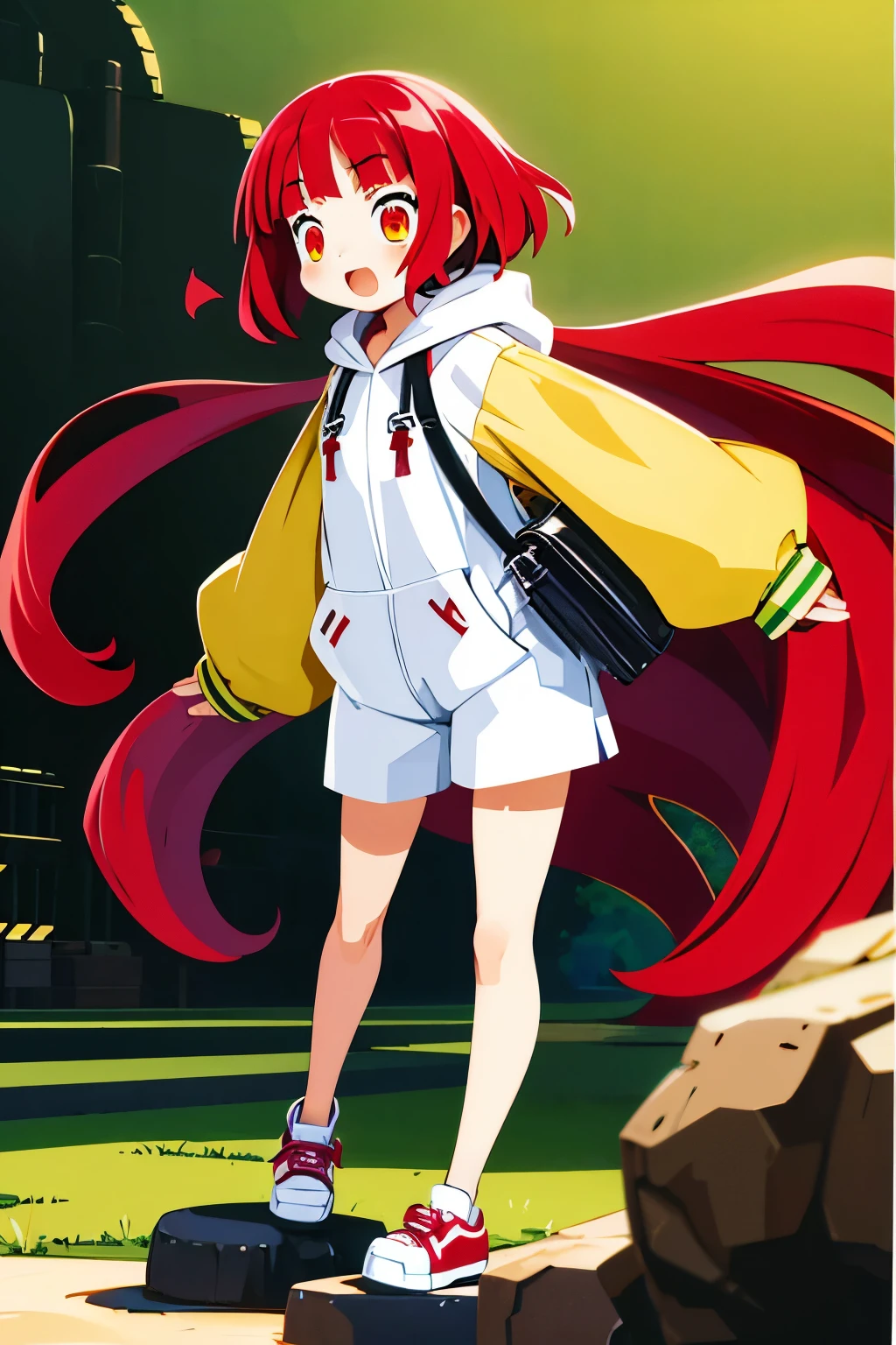   shy slanted eyes slightly open mouth red cheeks squishy bangs long flowing hair light red hair yellow-green eyes white pupils slightly white skin innerwear shorts baggy hoodie leather shoes shoulder bag cute gesture