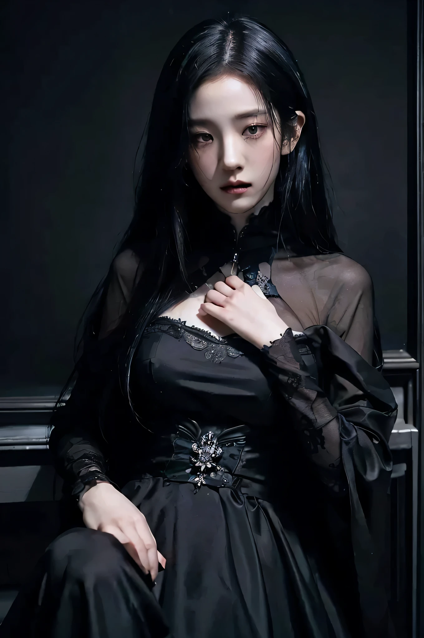 (best quality, highres:1.2), realistic, black dress, black hair, dark theme, black background, intense gaze, elegant posture, flowing dress, detailed facial features, long eyelashes, pale skin, Jisoo Kim, contrast, fine details, dramatic atmosphere, gothic style, intense emotions, monochrome color palette, captivating setting, haunting beauty, artistic photography, everything is black