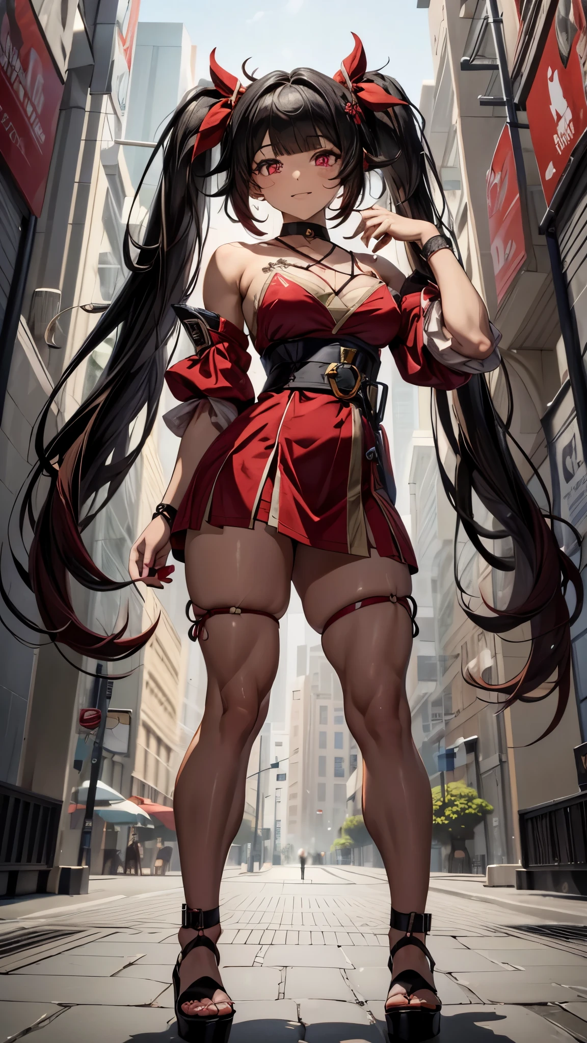 type: Digital Art
Style: Anime style Color: Predominantly red with black and white contrasts,
Eye color: bright crimson red, with luminous highlights.
Hair color Black with red highlights,
HAIRSTYLE: Long with twintails, adorned with traditional red and gold hair ornamentischievous and playful smile with a touch of mischief))), sadistic, muscular legs, (((beach scene))), Standing, (full body photo), well-groomed nails, red nails