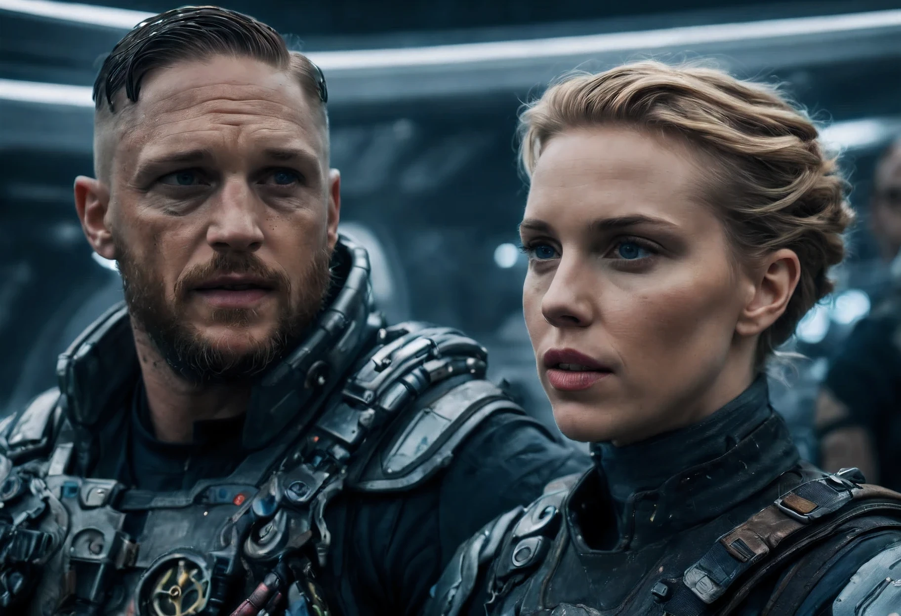(Realistic photo), (extremely detailed face), (masterpieces), Tom Hardy and Scarlett Johansson as space pirates, she has short blon hair, imersive background of space, both weraing futuristic space outfit, hdr, RAW photo, depth of field, film grain, bokeh, 8k, 