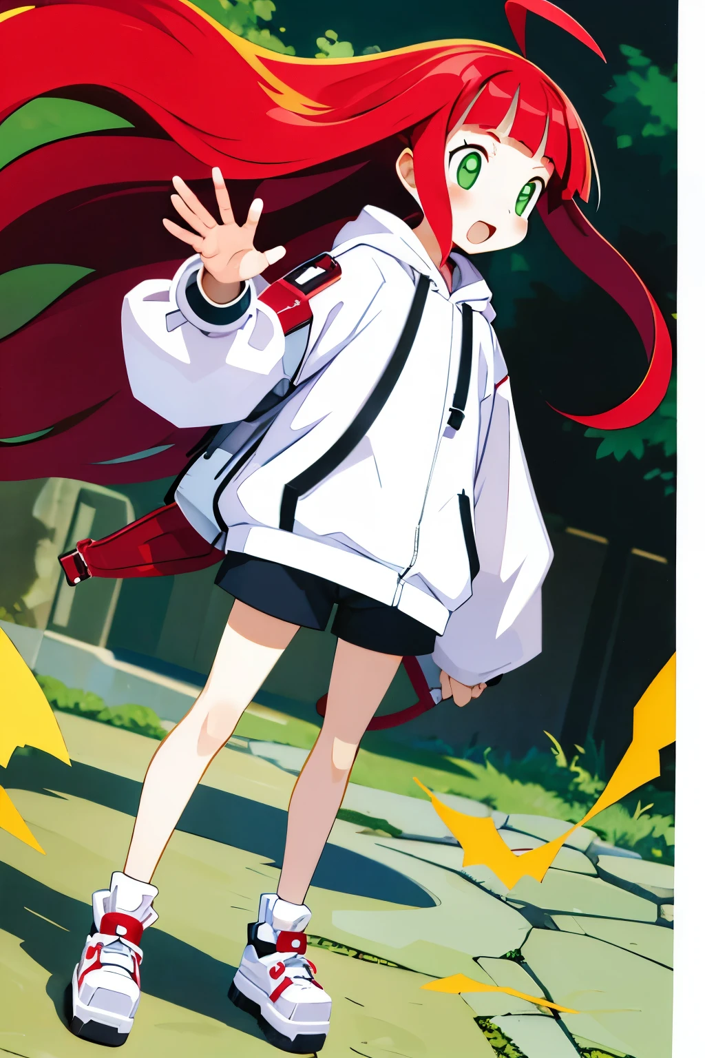  young baby face shy slanted eyes slightly open mouth red cheeks squishy bangs long flowing hair thin ahoge pale red hair yellow-green eyes white pupils slightly white skin Innerwear shorts baggy hoodie leather shoes shoulder bag cute gesture