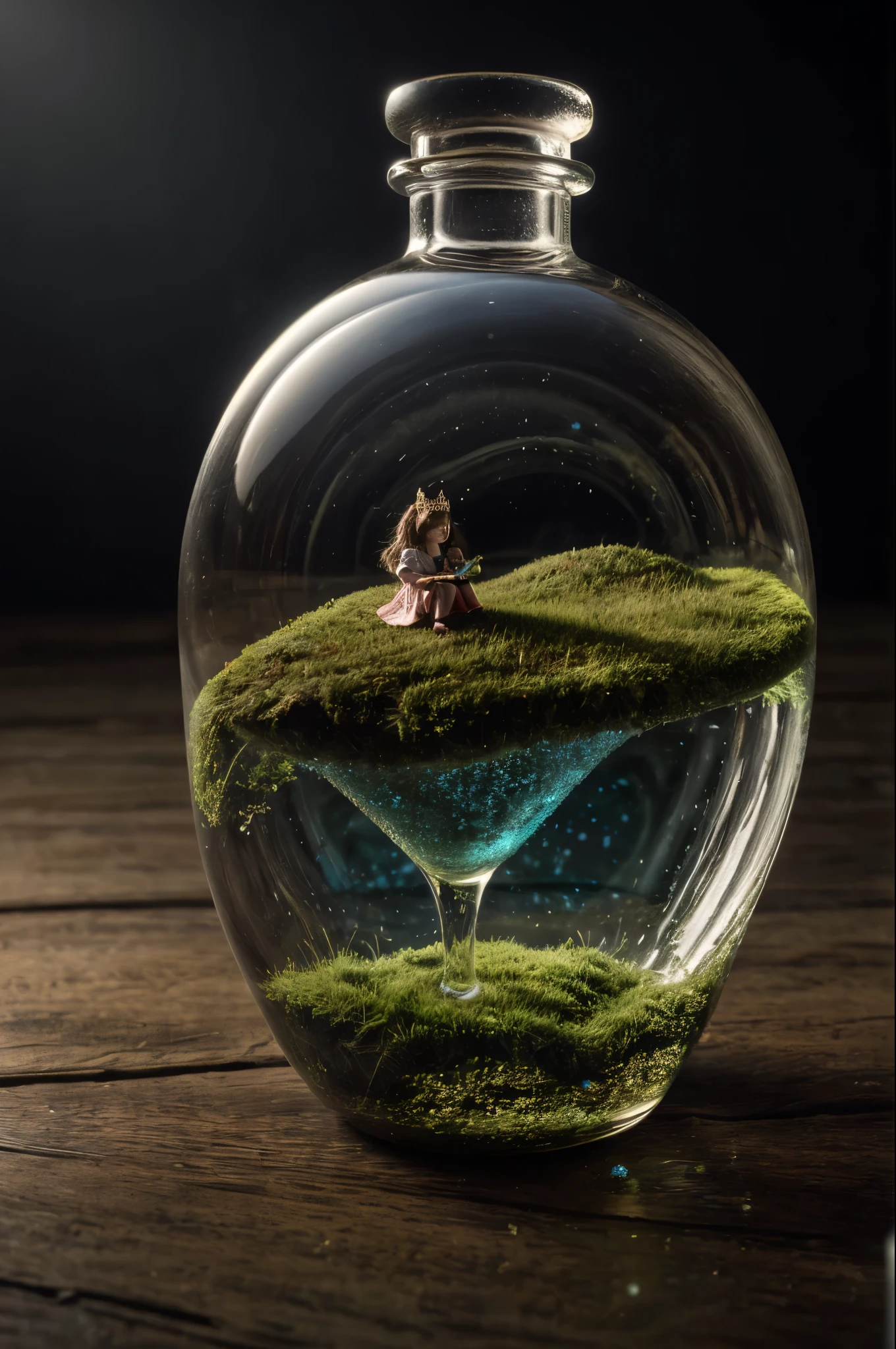 (An intricate landscape of a mini-princess trapped in a bottle), (tiny princess trapped in a bottle), atmospheric oliva lighting, on the table, 4k UHD, dark vibes, hyper detailed, vibrant colours forest background, epic composition, octane render, sharp focus, high resolution isometric, bubblerealm