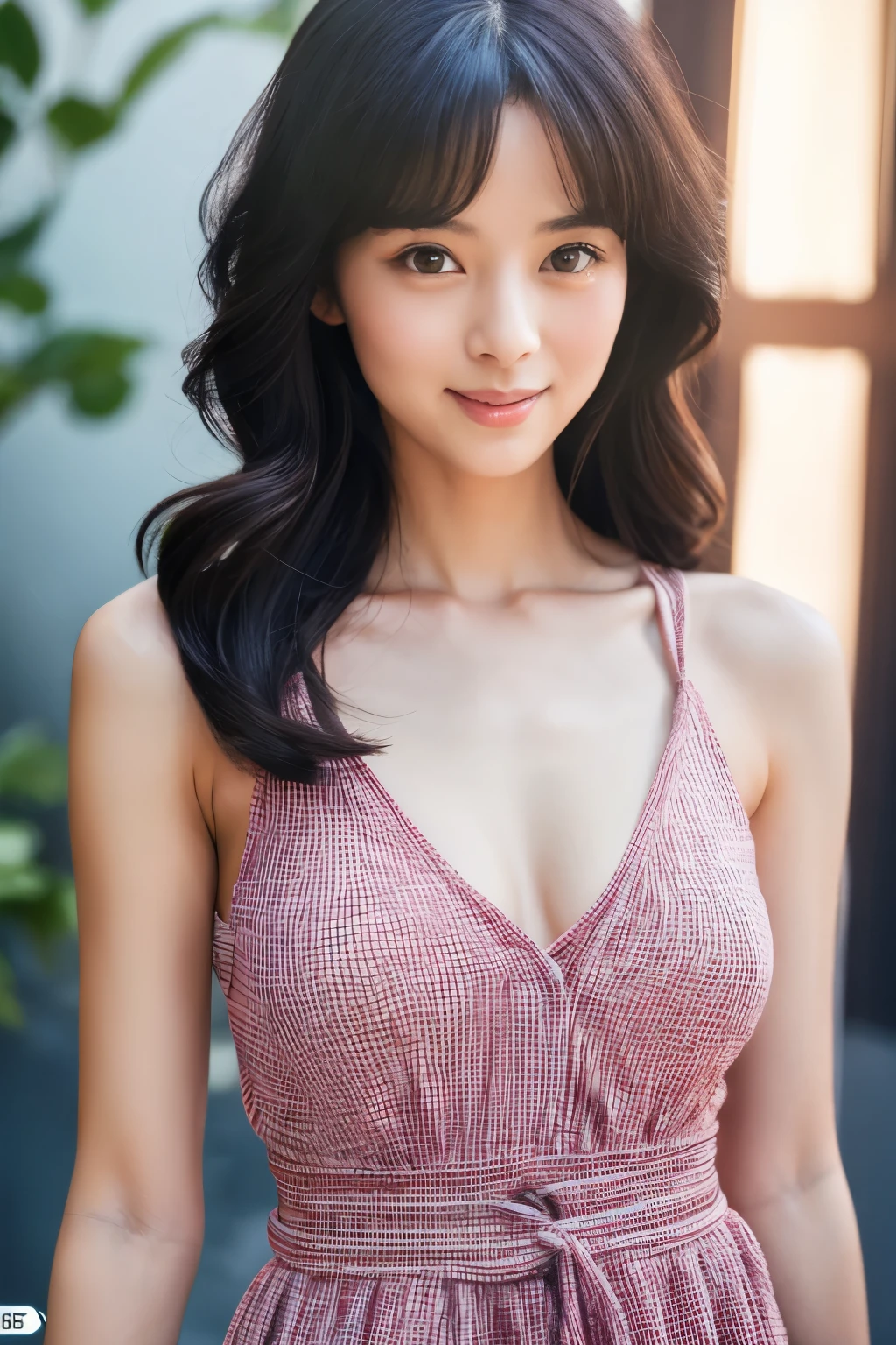 top-quality, 8K-Picture, Skinny Japanese lady in Perfect Style, small breasts, very thin waist, Slim abs, (:1.4), cute eyes, Double eyelids, long wavy hair, Very delicately drawn face, tight knit dress, (photogravure idols:1.4), Subtle smile or shyness, 