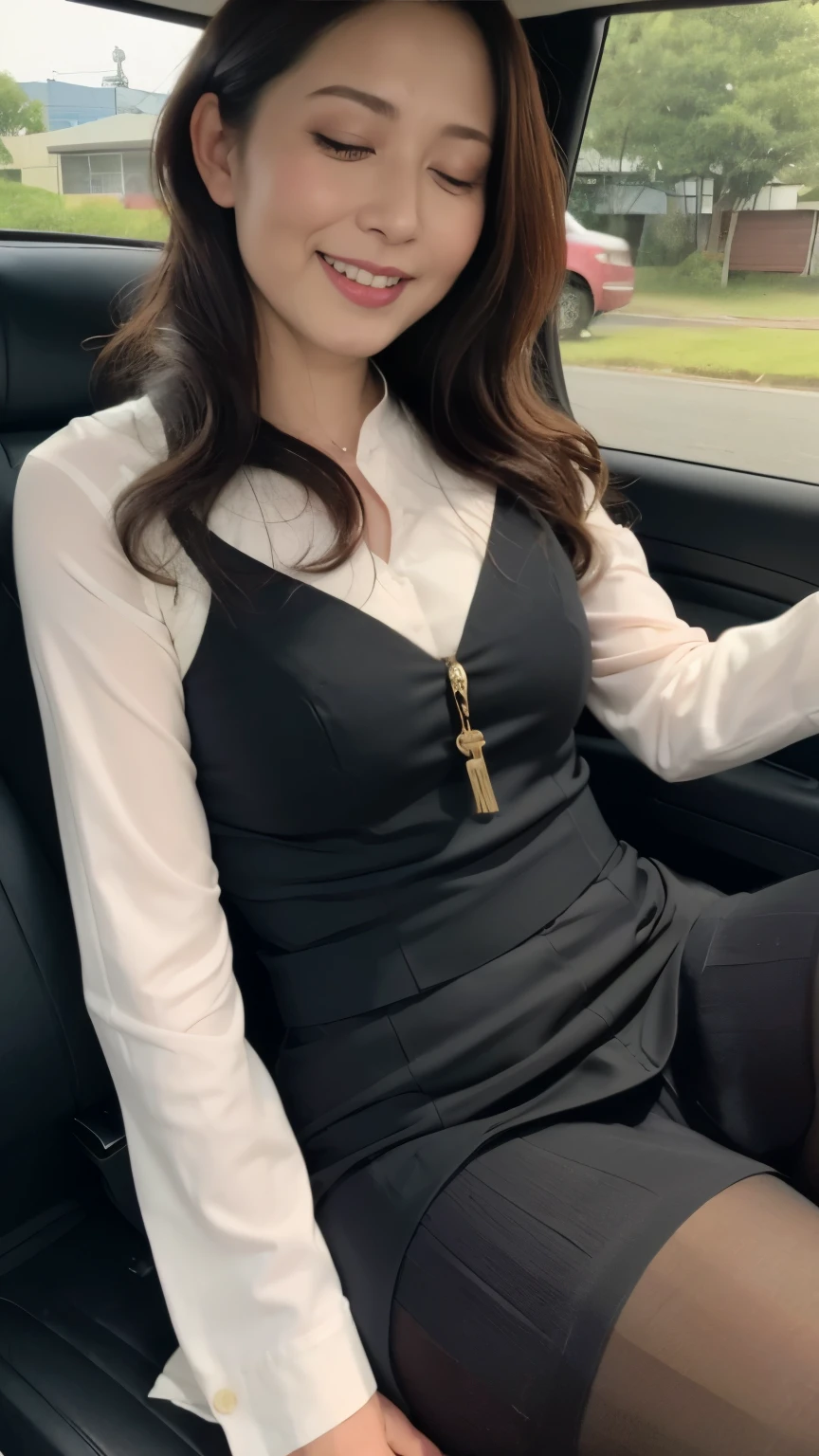 ((highest quality、8k、masterpiece:1.3))、sharp focus, High level image quality, High resolution, portrait, alone, Japanese, middle-aged women, beautiful woman, 48 years old, wavy hair, Clothes that show cleavage, mini skirt, (black pantyhose:1.3), (cross your legs:1.3)、(lift up the skirt:1.3), (Close ~ eyes:1.3), wrinkles around the eyes, bewitching look, car passenger seat, summer clothes、fascinating look、smile, mouth is open、looking at camera、