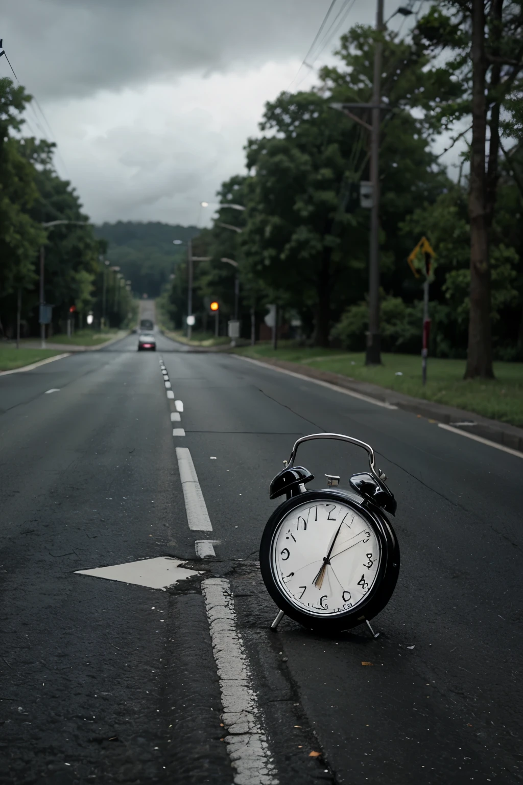 Broken bedside clock lying in the middle of a road with trees in cloudy weather and blur