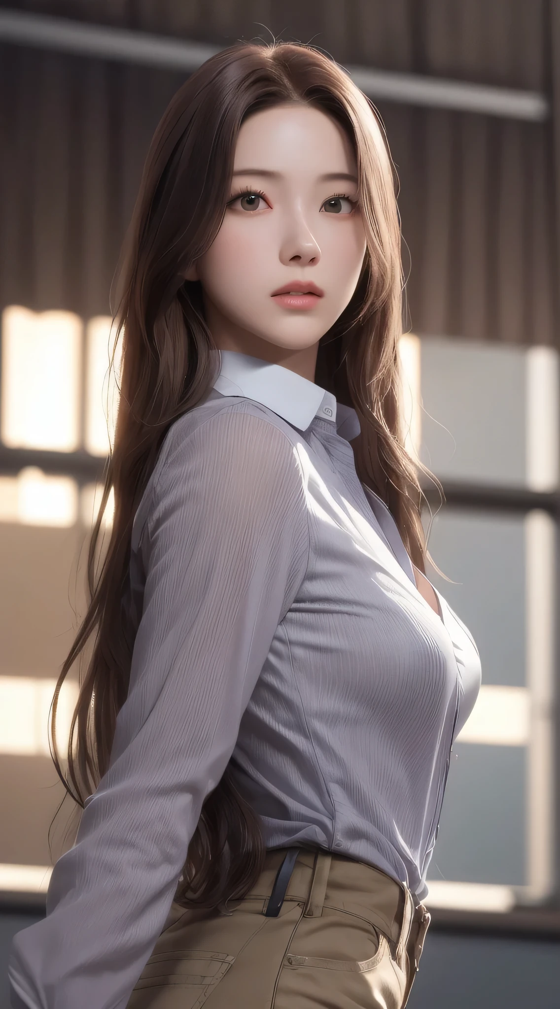 Photorealistic, masutepiece, Best Quality, Raw photo, 1girl in, Solo, Long hair, Brown hair, Detailed face, alluring face, Collared shirt, medium breasts, Dynamic Pose, Looking at Viewer, From below, Detailed background, fine detailed, intricate detailes,  Ray tracing, depth of fields, lowkey, nffsw