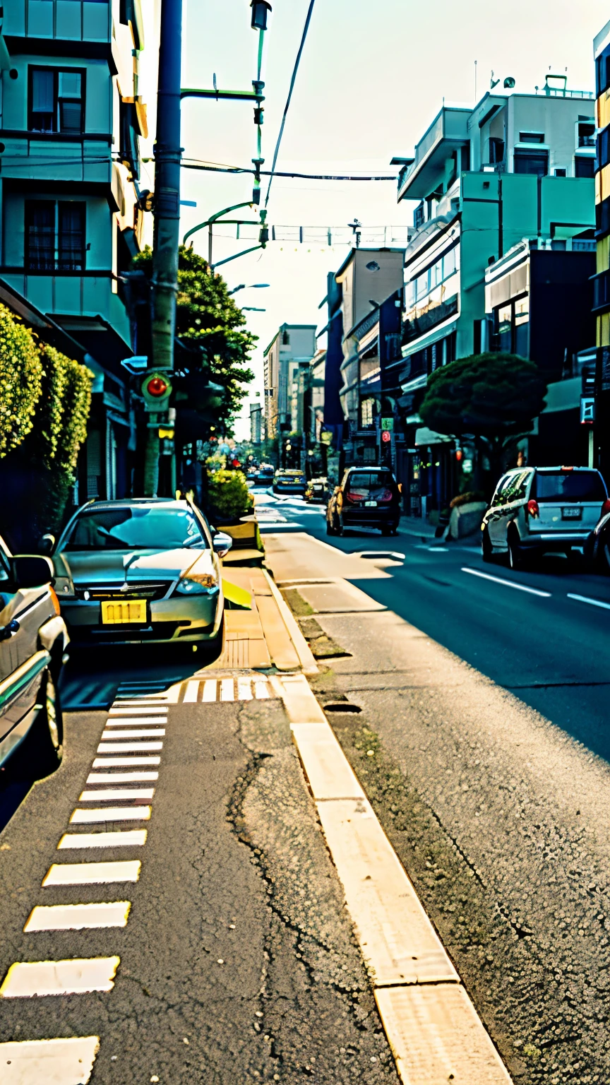 ((highest quality)), ((masterpiece)), (be familiar with), green light on the street corner, residential street, golden hour in tokyo,  japanese street, early morning, empty cityscape, late afternoon light, Japanese street, Japanese countryside town,  japanese neighborhood, , afternoon light、remove wires from traffic lights、Ox cart running on the road