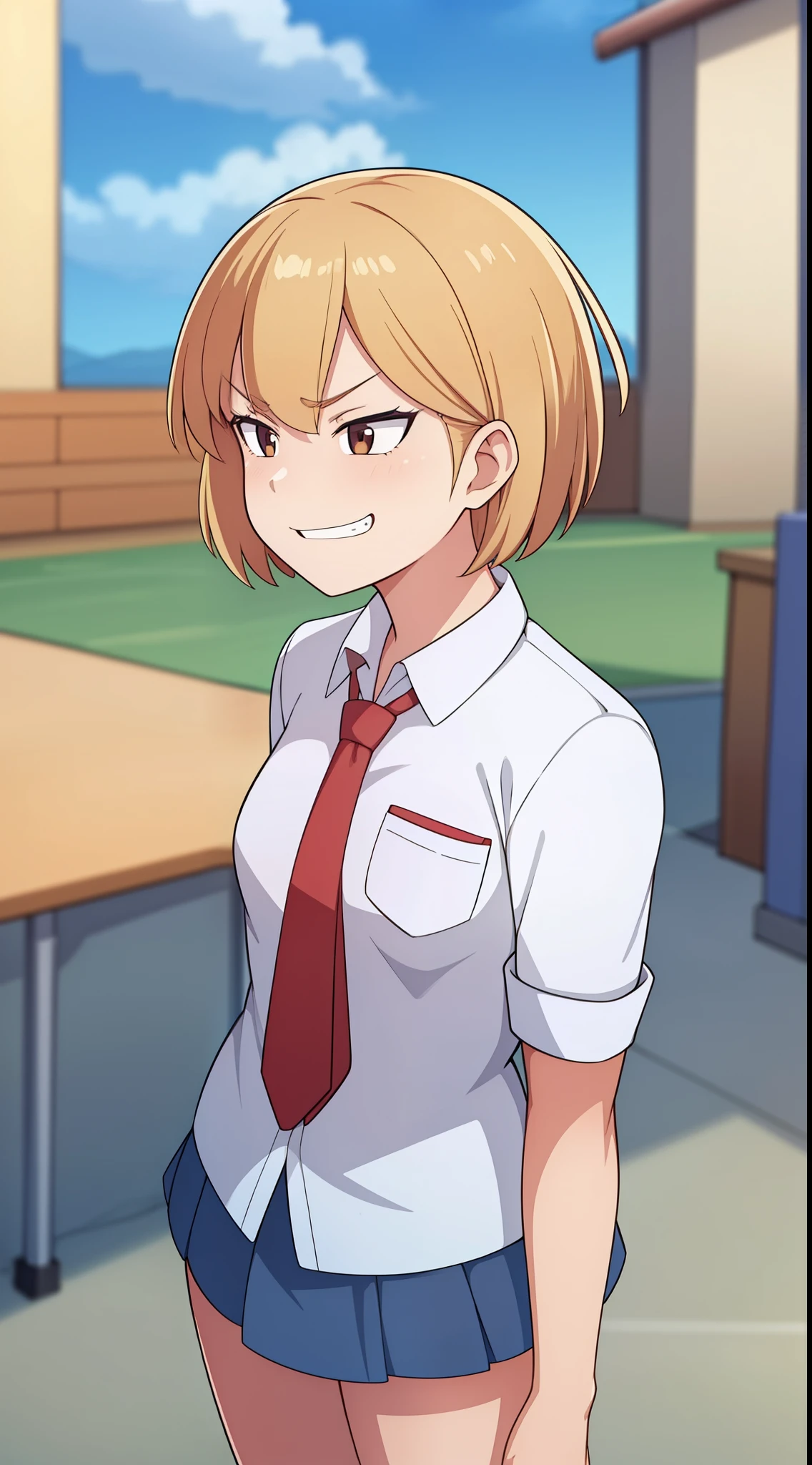 high quality, the masterpiece (one girl) muscular body, hooligan, Zadar,  Evil smile, short hair, blonde. Brown eyes, School white shirt, Red Pioneer Tie, cigarette in mouth. Against the background of the school 